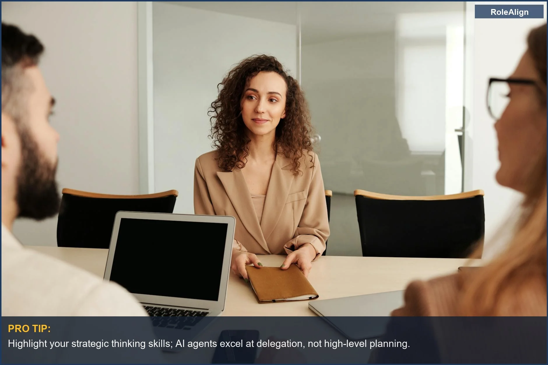 Professional woman in a business suit participating in a job interview with AI agents hiring humans.