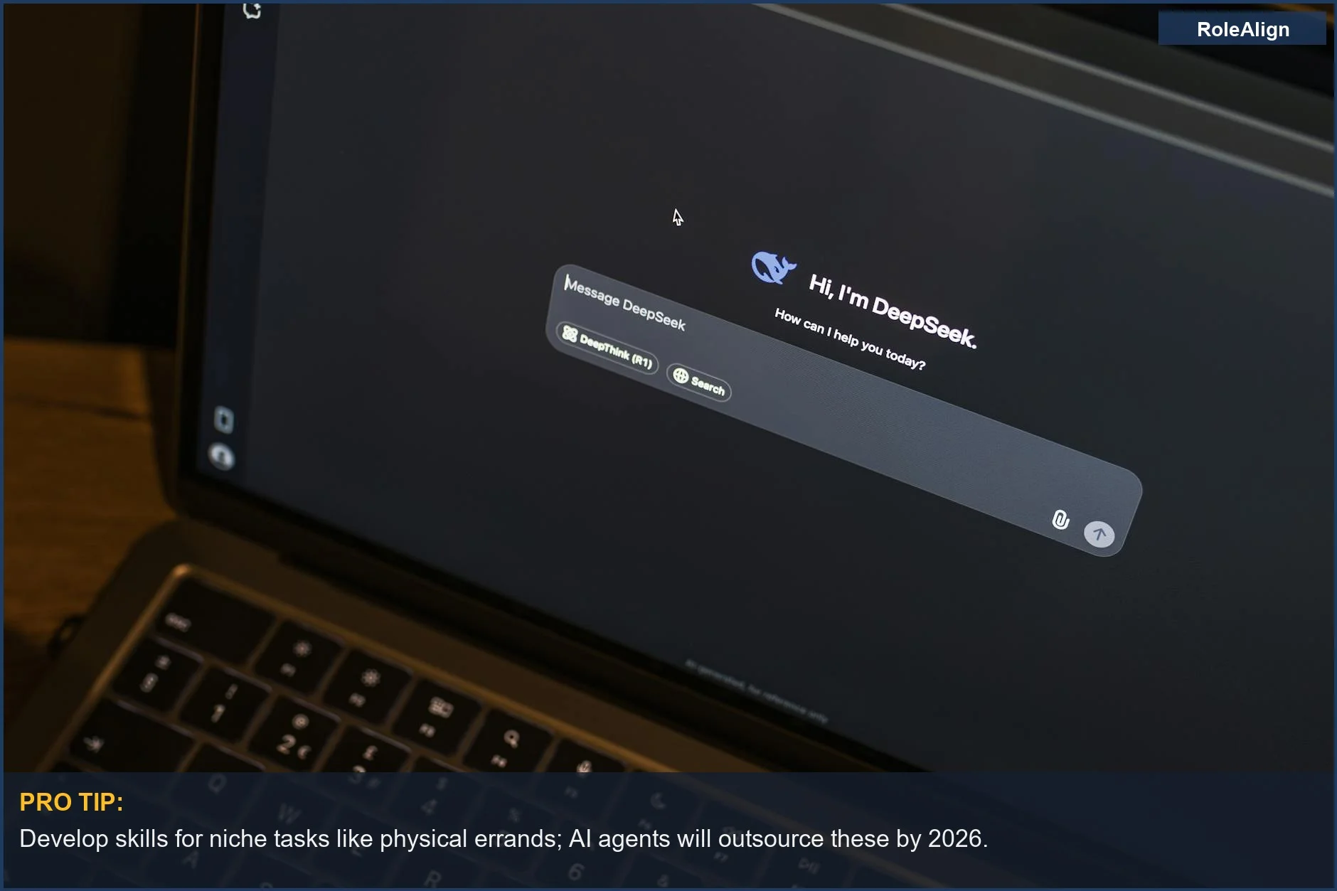 Laptop screen displays an AI chat interface, showcasing AI agents hiring humans for errands.