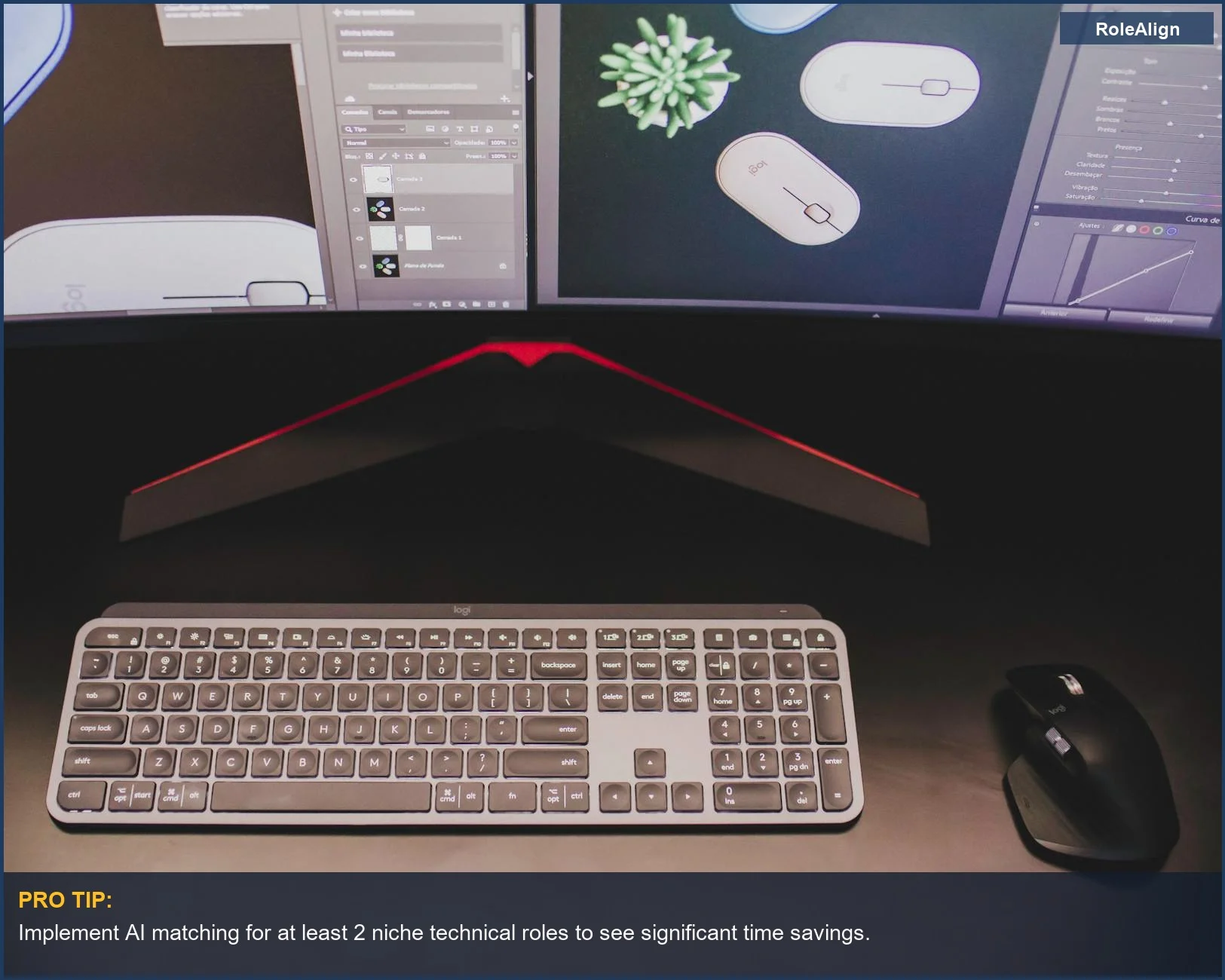 Close-up of a keyboard and mouse on a desk with dual monitors, highlighting AI's technical recruiting capabilities.