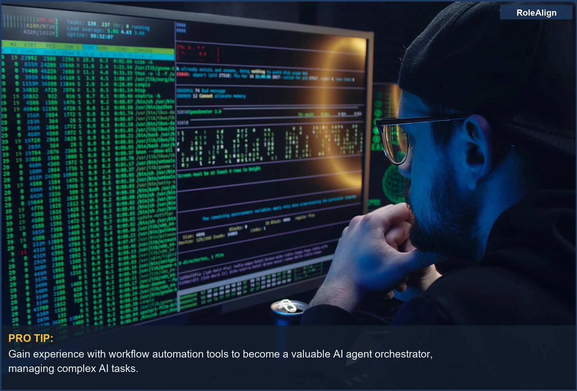 Man programming on dual monitors in a dimly lit room, reflecting AI agent orchestrator roles.