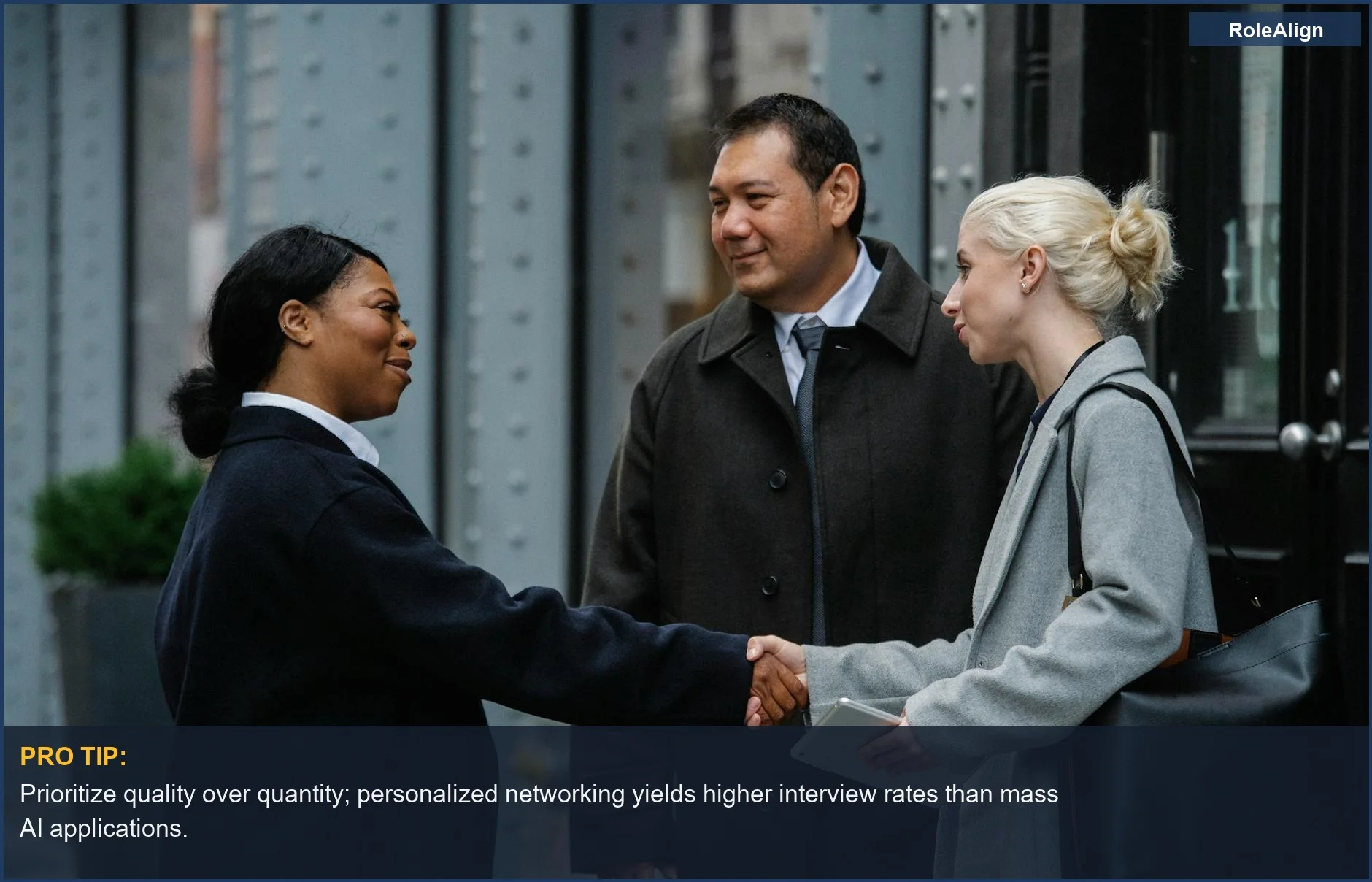 Business professionals in an outdoor meeting, highlighting effective human networking in career growth.