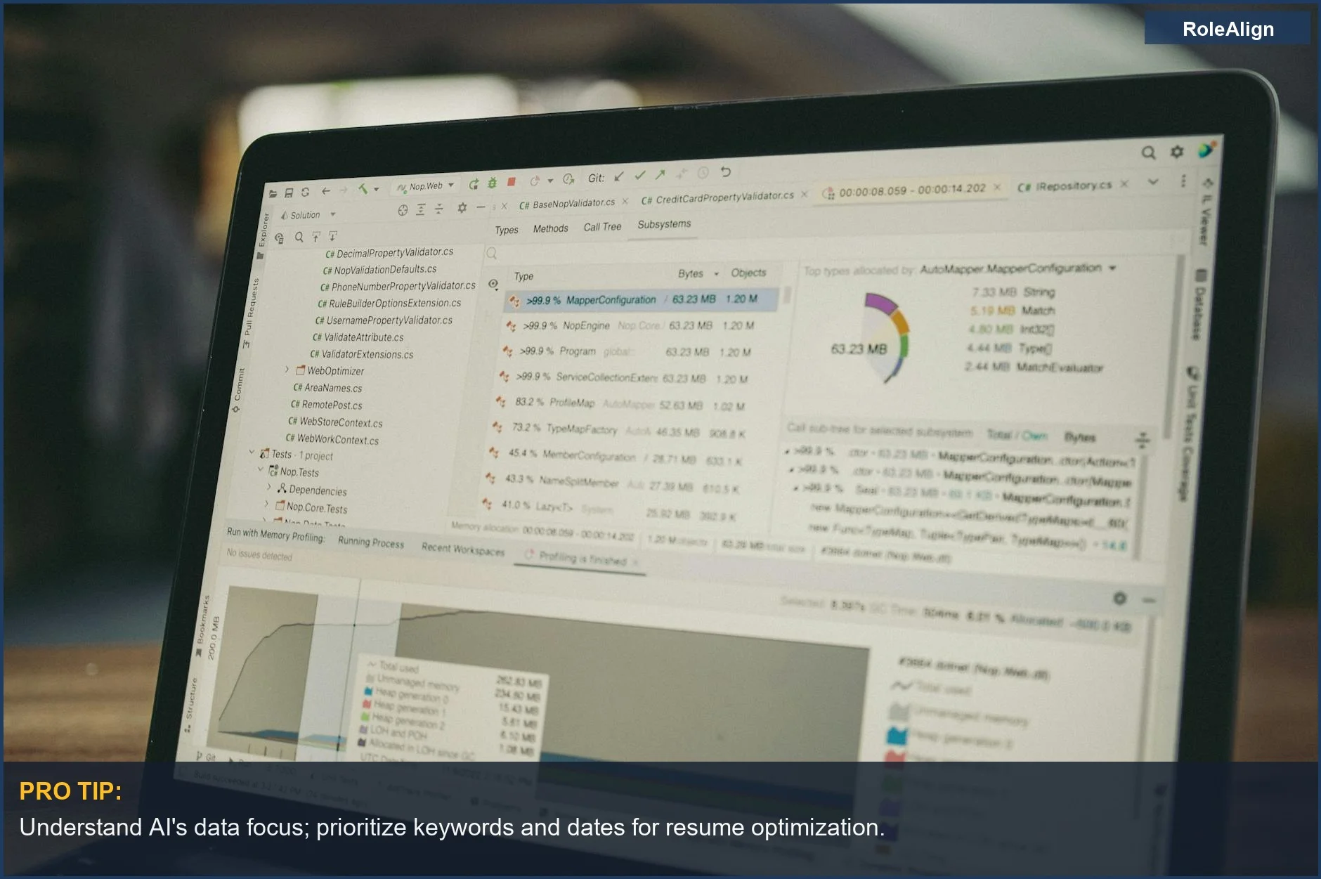 Laptop screen showing AI job search tools and data analysis software for career advancement.