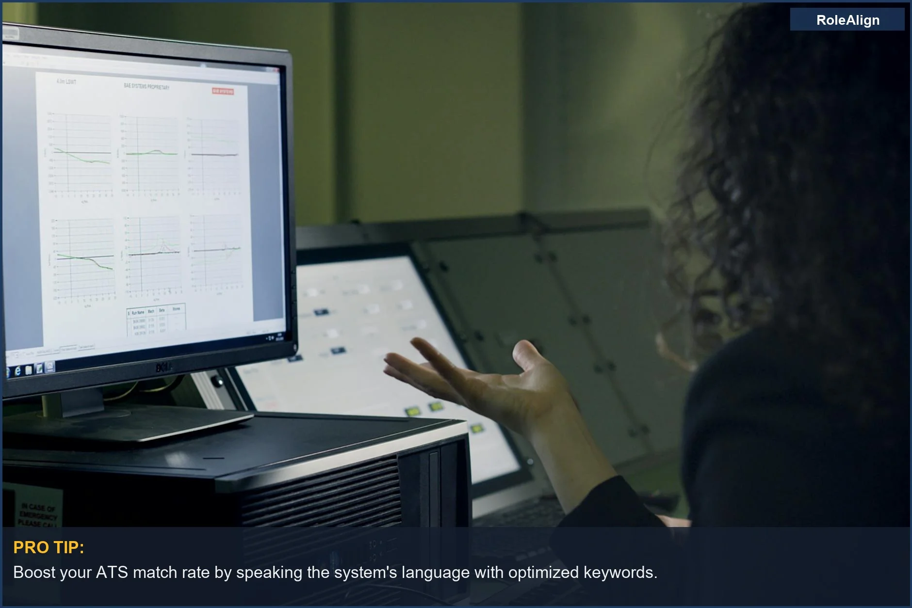 Woman analyzing job search data on a computer, optimizing for AI applicant tracking systems.
