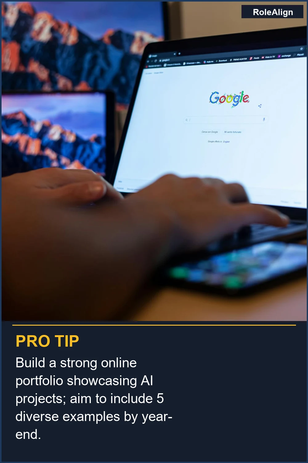 Build a strong online portfolio showcasing AI projects; aim to include 5 diverse examples by year-end.