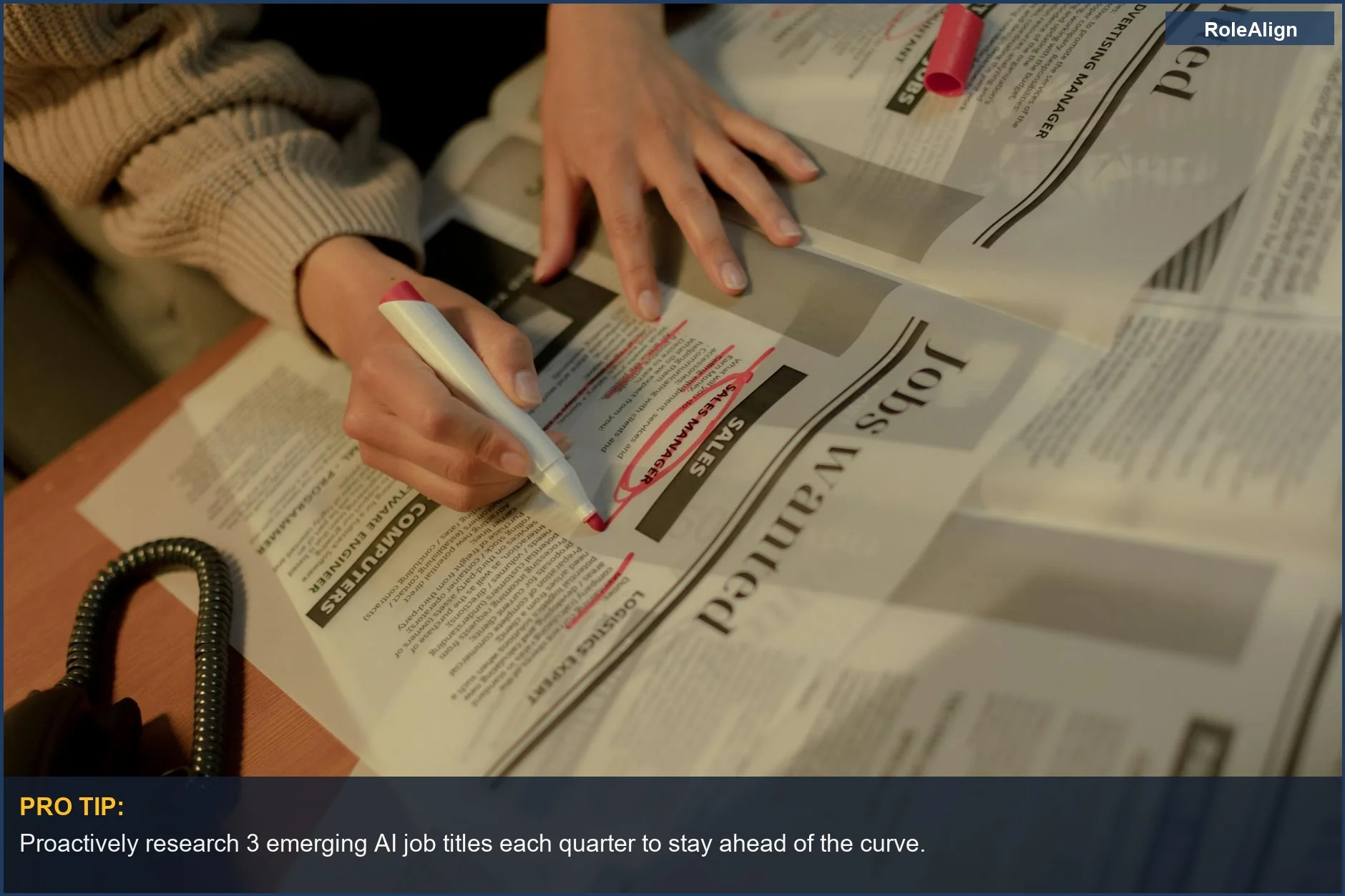 Woman reviewing newspaper job ads, seeking new AI careers and future AI jobs.