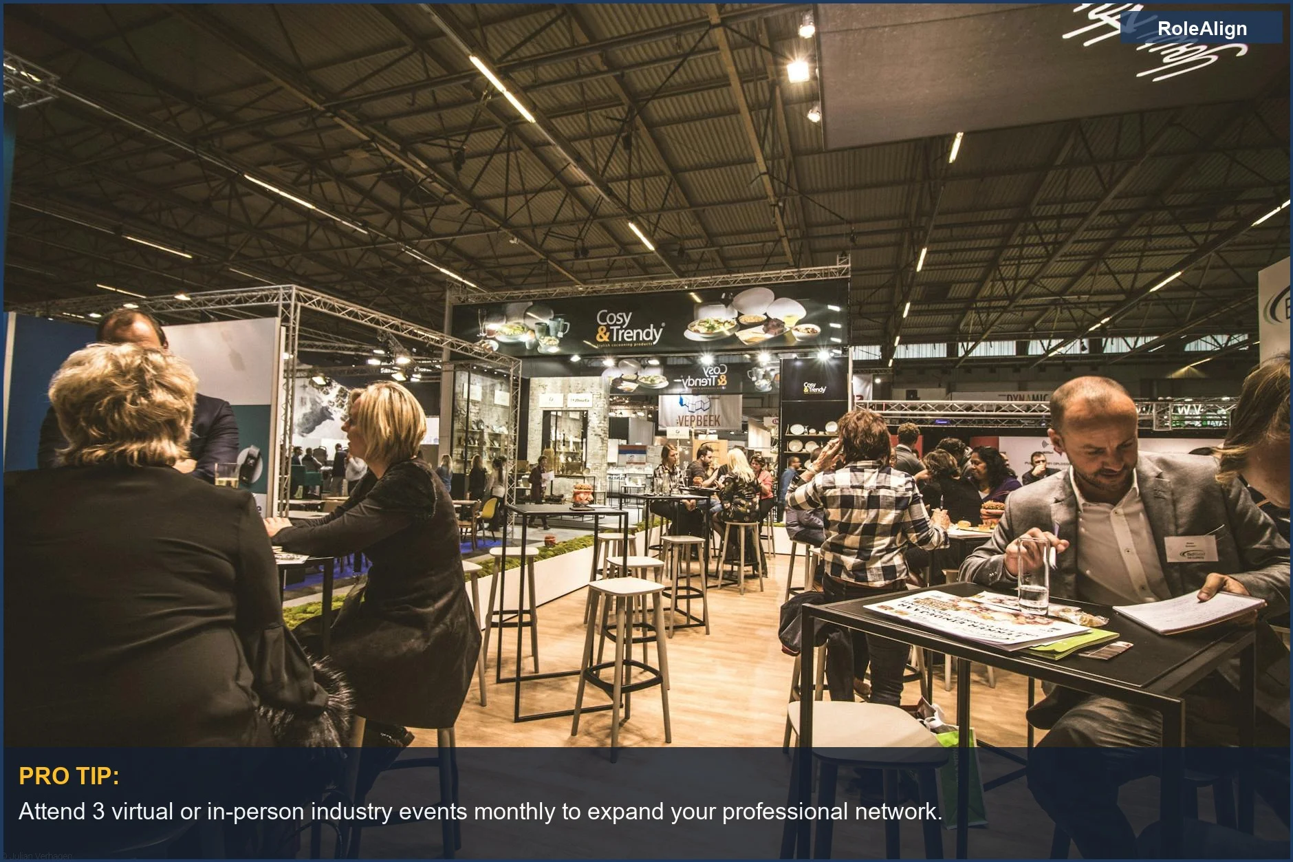 Bustling business expo showcasing strategic LinkedIn engagement for job seekers and professionals.