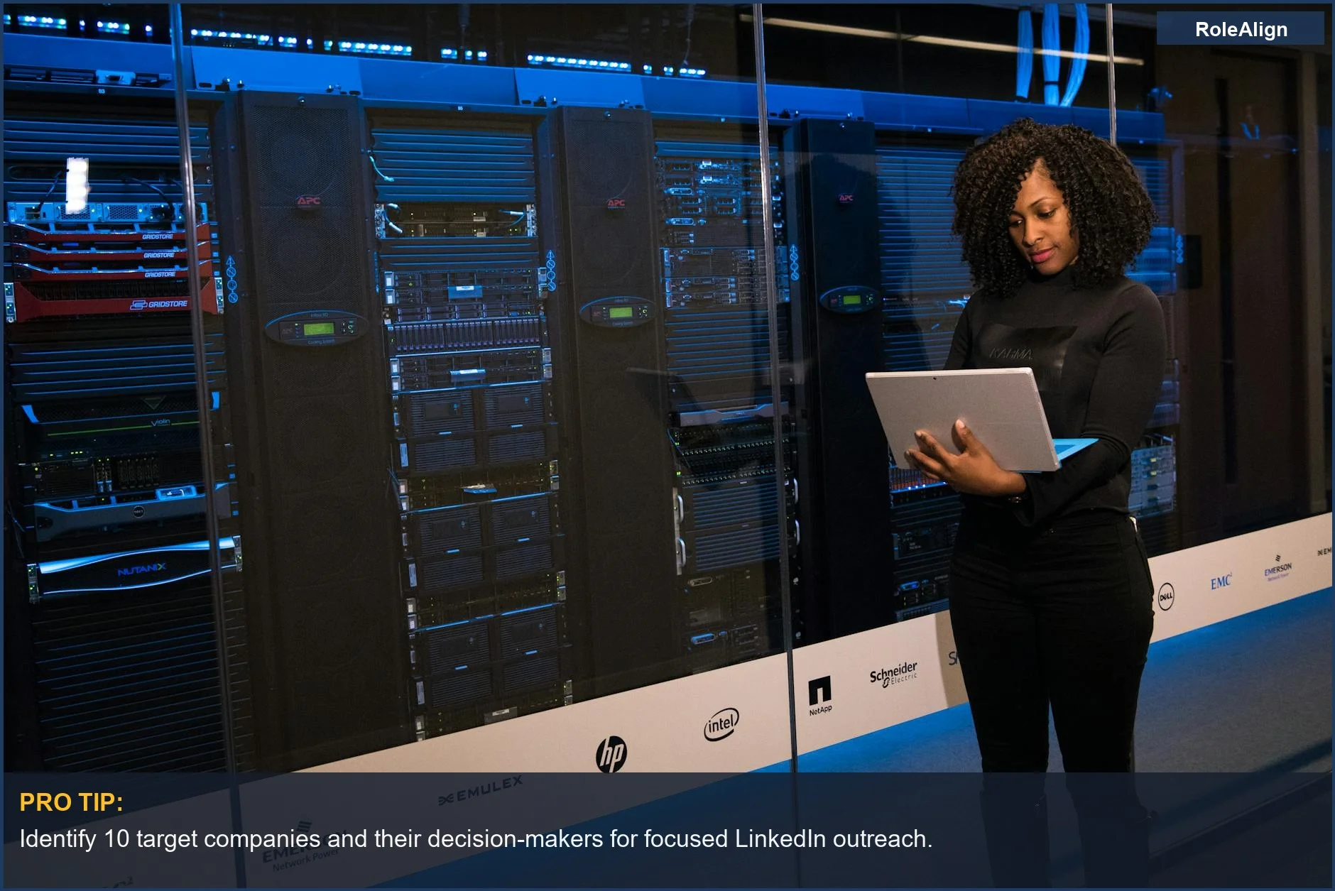 Female engineer monitoring data servers, illustrating targeted LinkedIn engagement for tech jobs.
