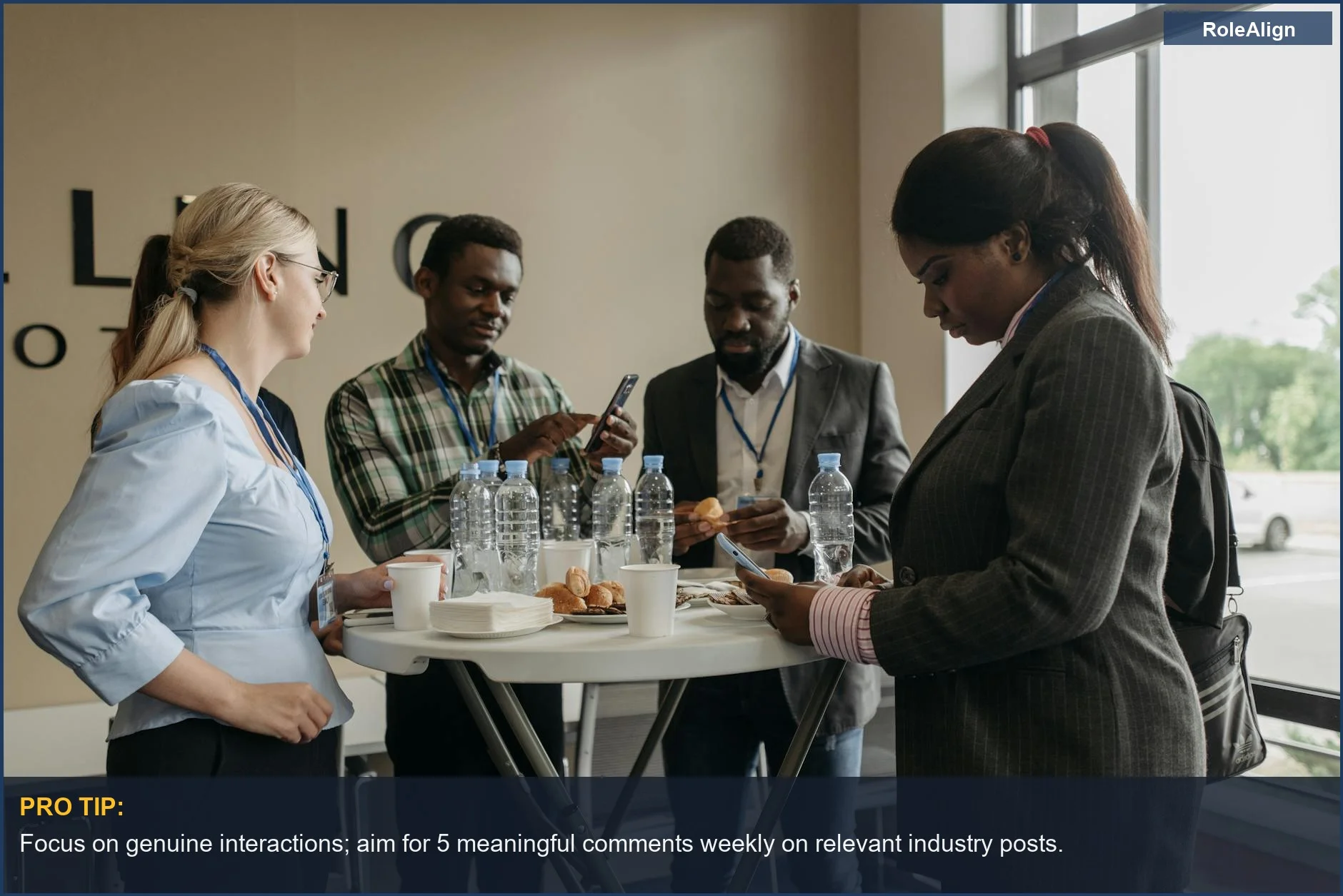 Diverse professionals networking and engaging in strategic LinkedIn discussions for career opportunities.