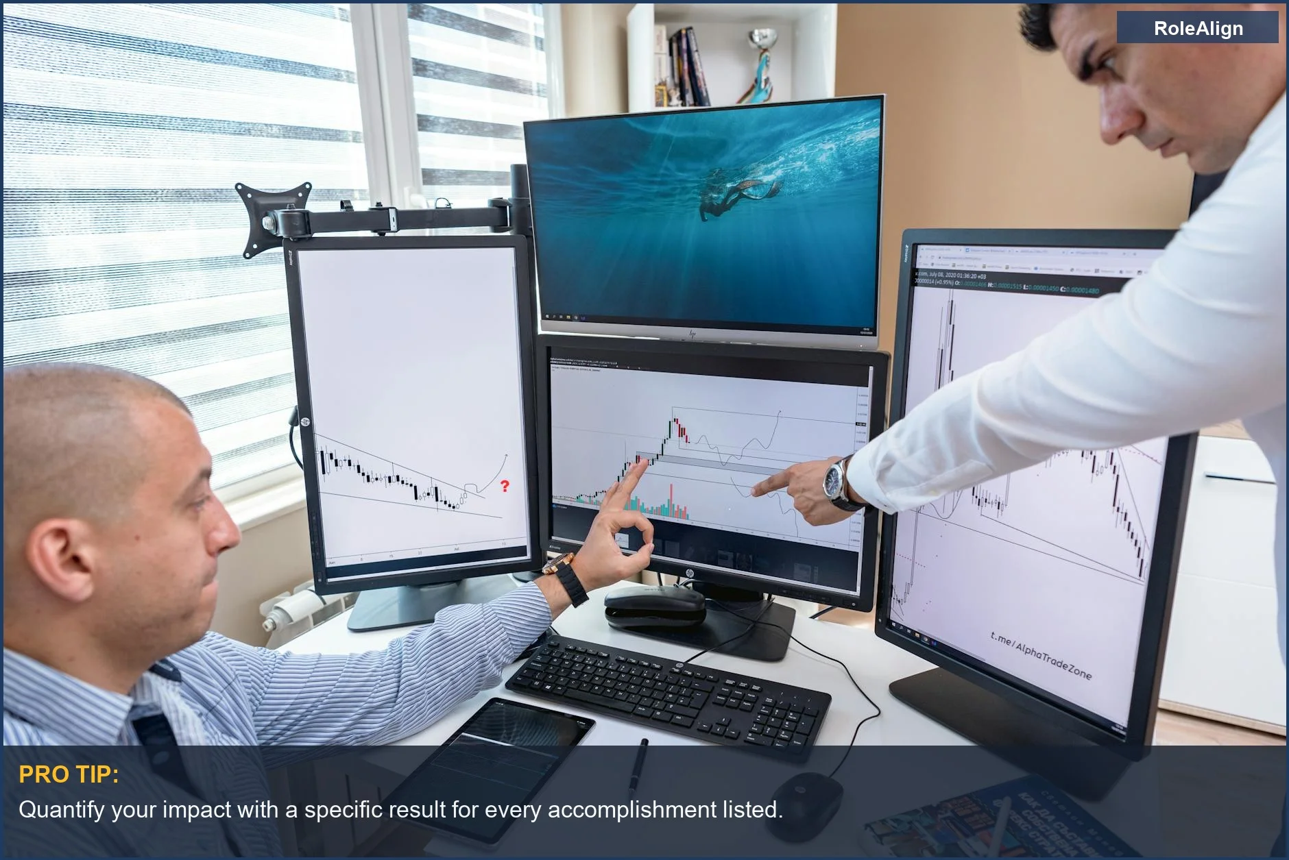 Professionals analyzing financial data on multiple screens, demonstrating AI's resume soft skills evaluation.