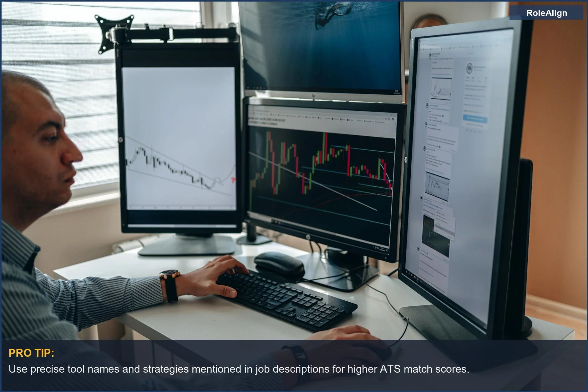 Professional analyzing financial charts on multiple monitors, showcasing advanced technology and ATS scoring.
