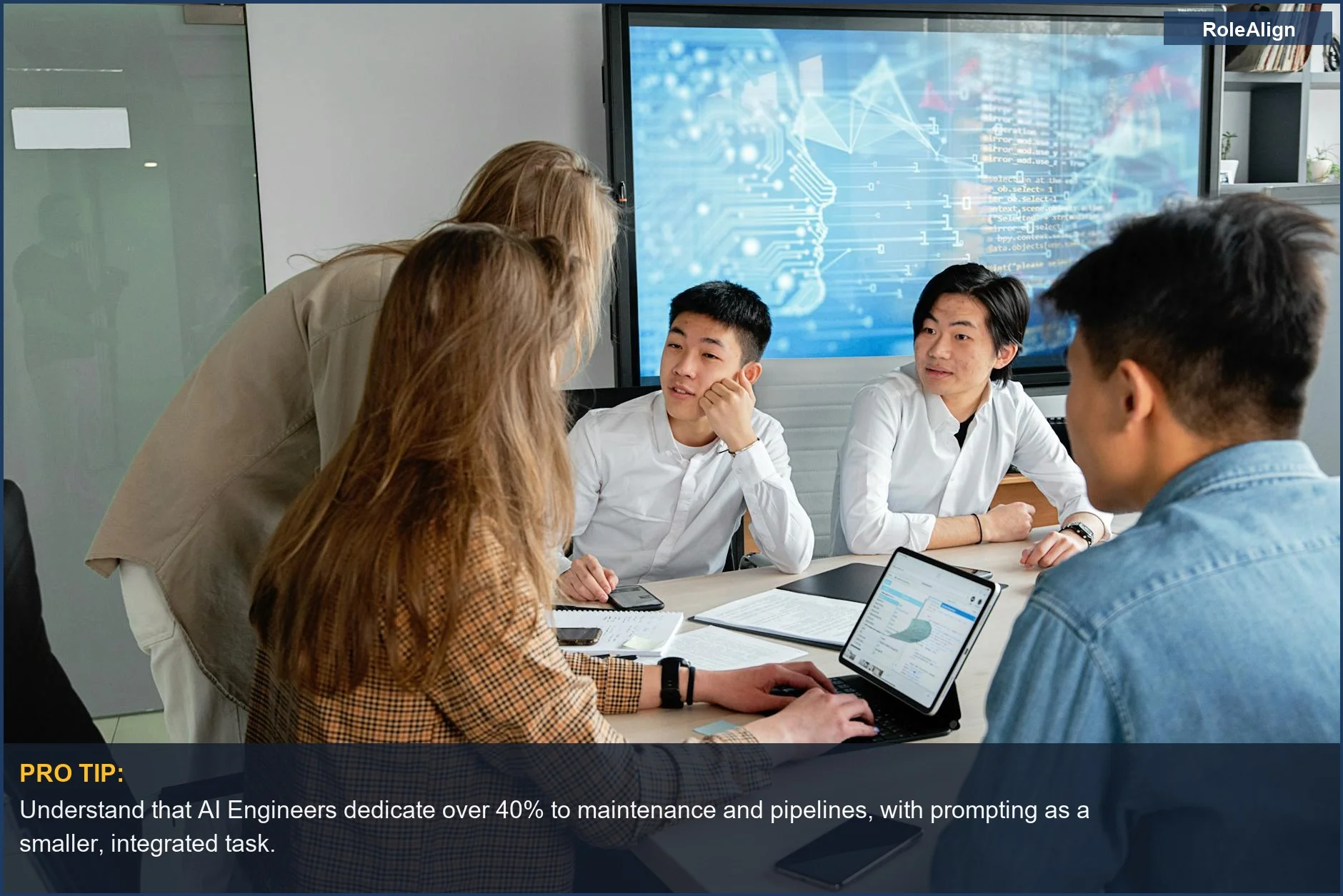 Professionals collaborate with digital interfaces, demonstrating new niche AI roles and AI engineer responsibilities.