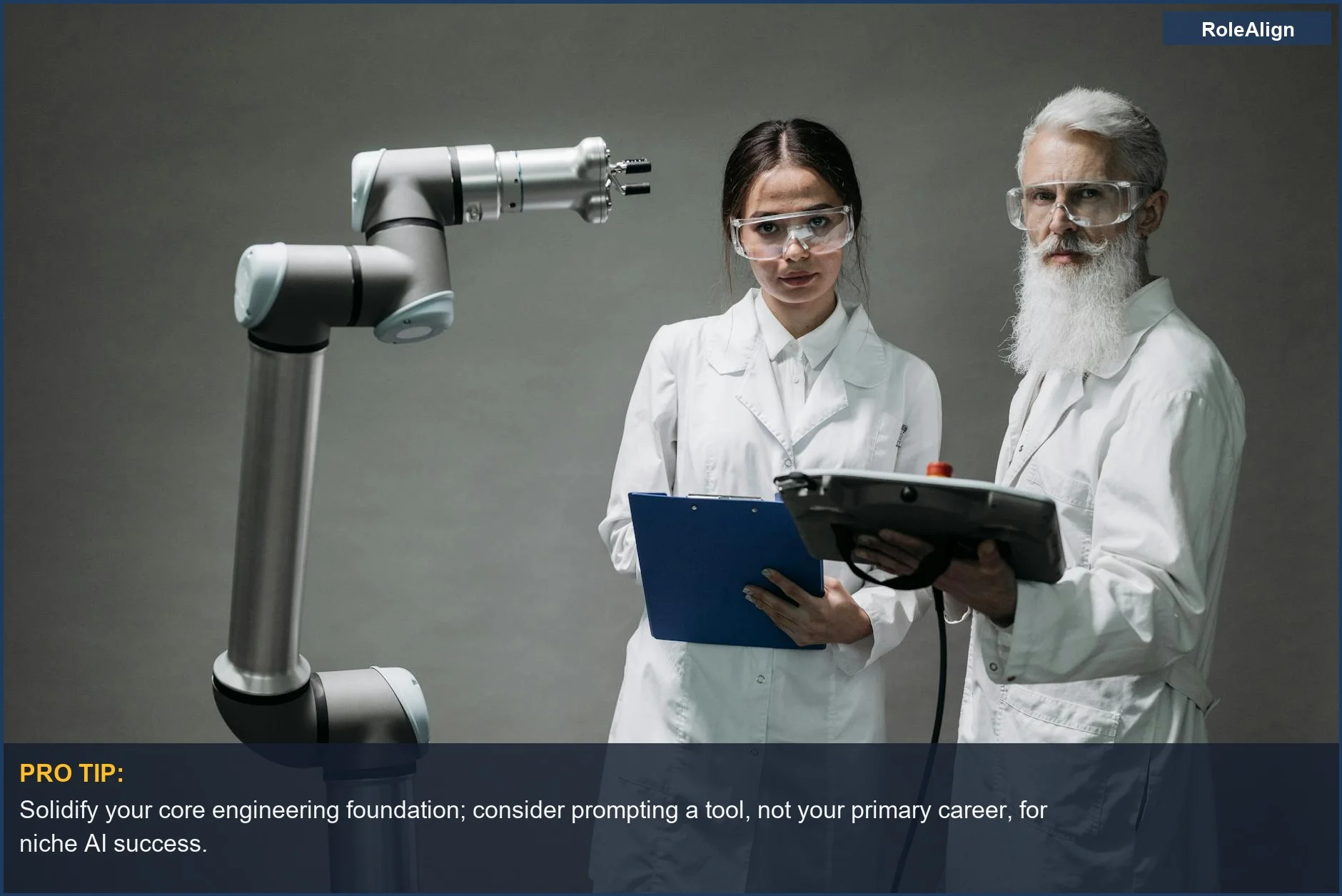 Scientists analyze robotic arm in lab, emphasizing core engineering skills for emerging niche AI roles.