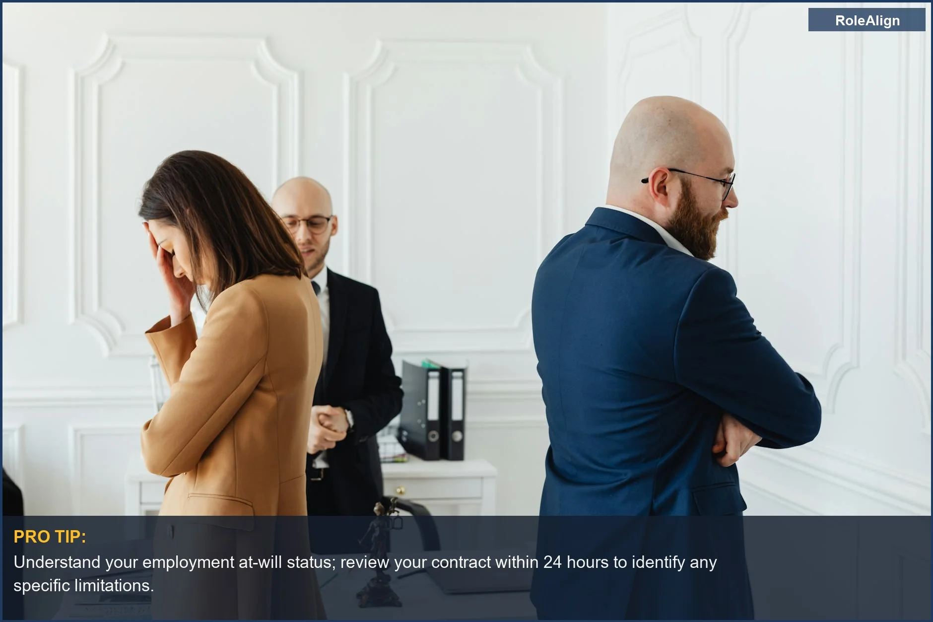 Tense professionals in a modern office, discussing potential changes to employer job duties and workplace dynamics.