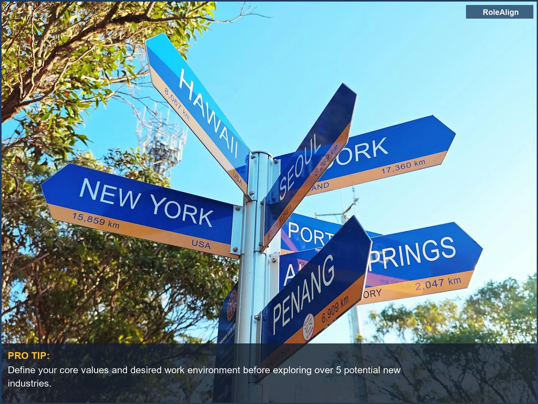 Signpost in New South Wales pointing to global cities, symbolizing the vast possibilities in career change.