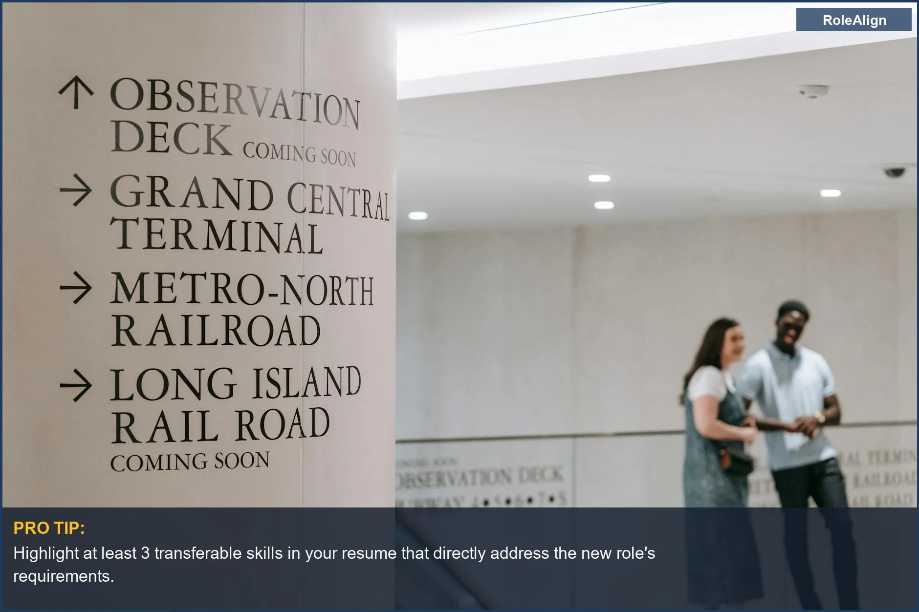 Directional signs at Grand Central Terminal guiding people towards new career paths and opportunities.