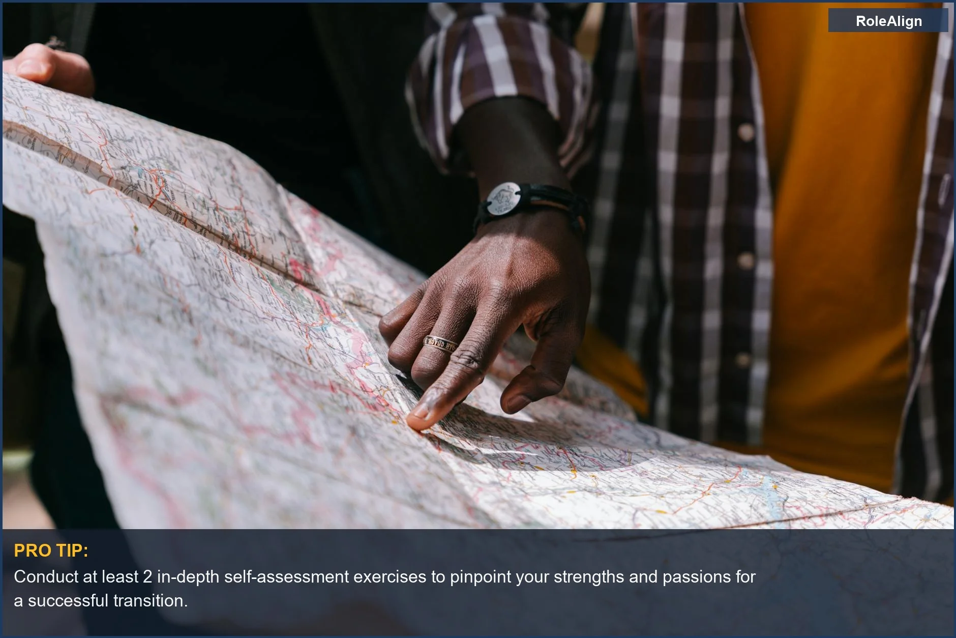 Hand pointing at a detailed map, illustrating the importance of deep self-assessment for career pivots.