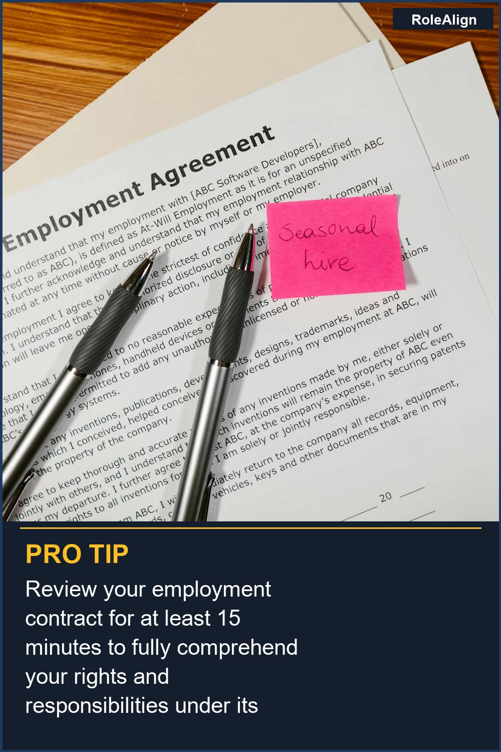 Review your employment contract for at least 15 minutes to fully comprehend your rights and responsibilities under its terms.
