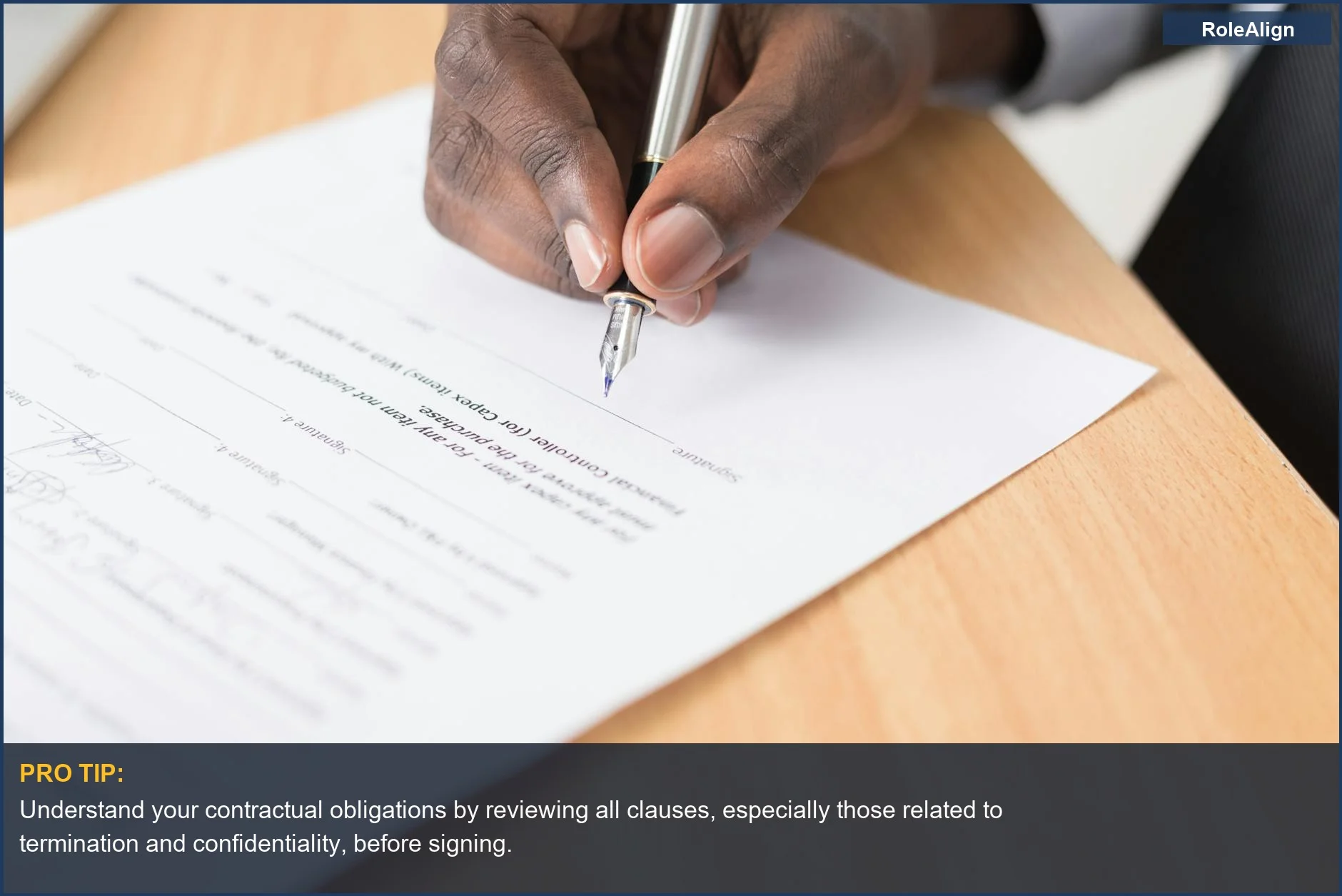Close-up of a hand signing a workplace contract with a pen, symbolizing binding employment obligations.