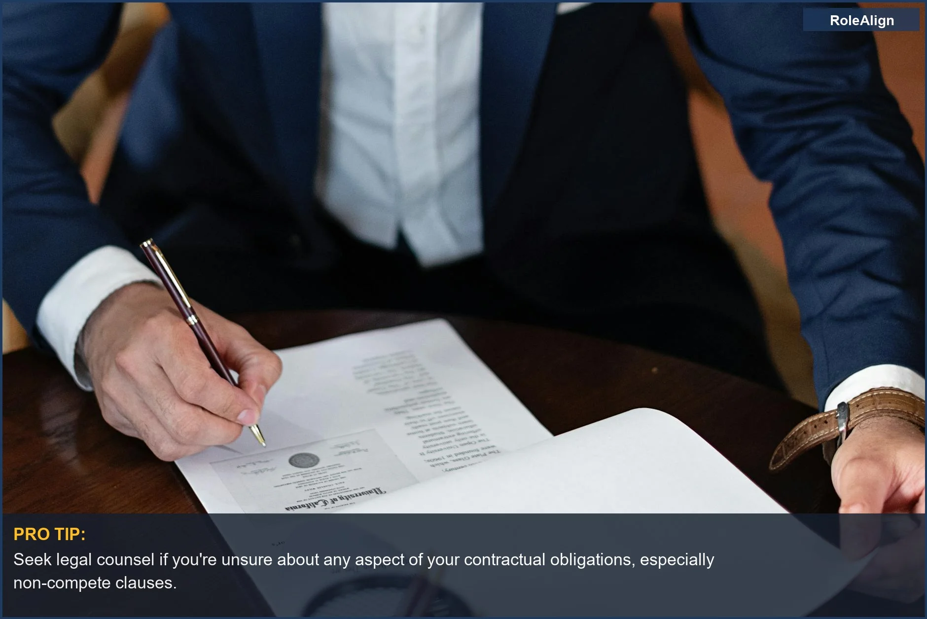 Professional signing legal documents at a desk, representing adherence to contractual obligations in a corporate setting.