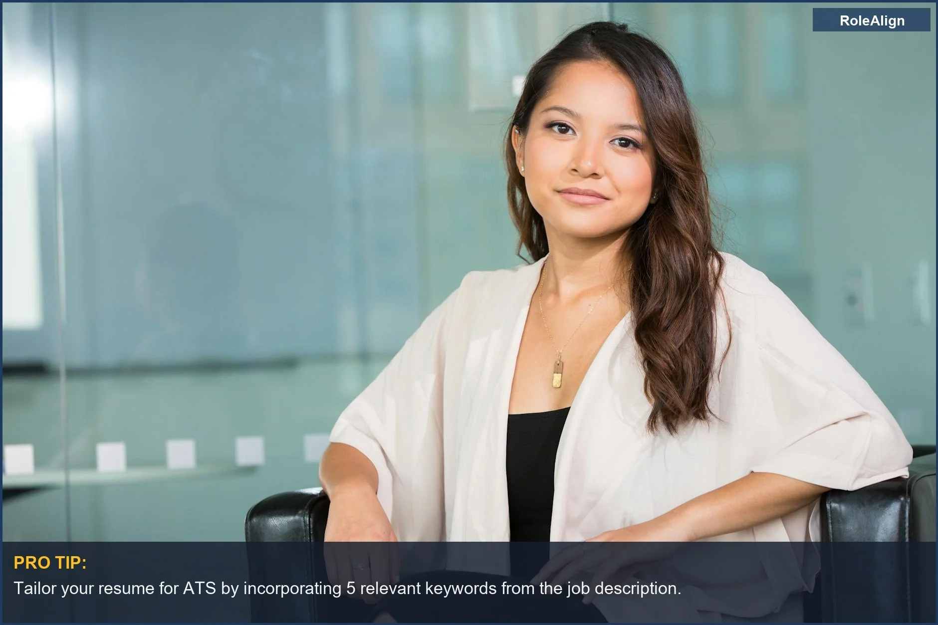 Confident Asian businesswoman strategizing career path in a contemporary office setting.