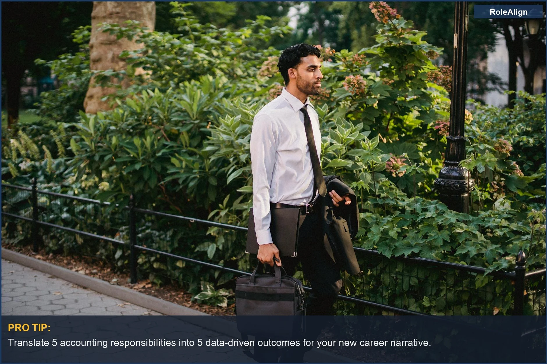 Businessman with briefcase walking in a park, representing a fresh start in a new career.