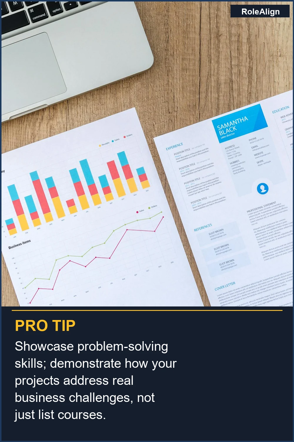 Muestra habilidades de resolución de problemas; demuestra cómo tus proyectos abordan desafíos empresariales reales, no solo enumeres cursos.