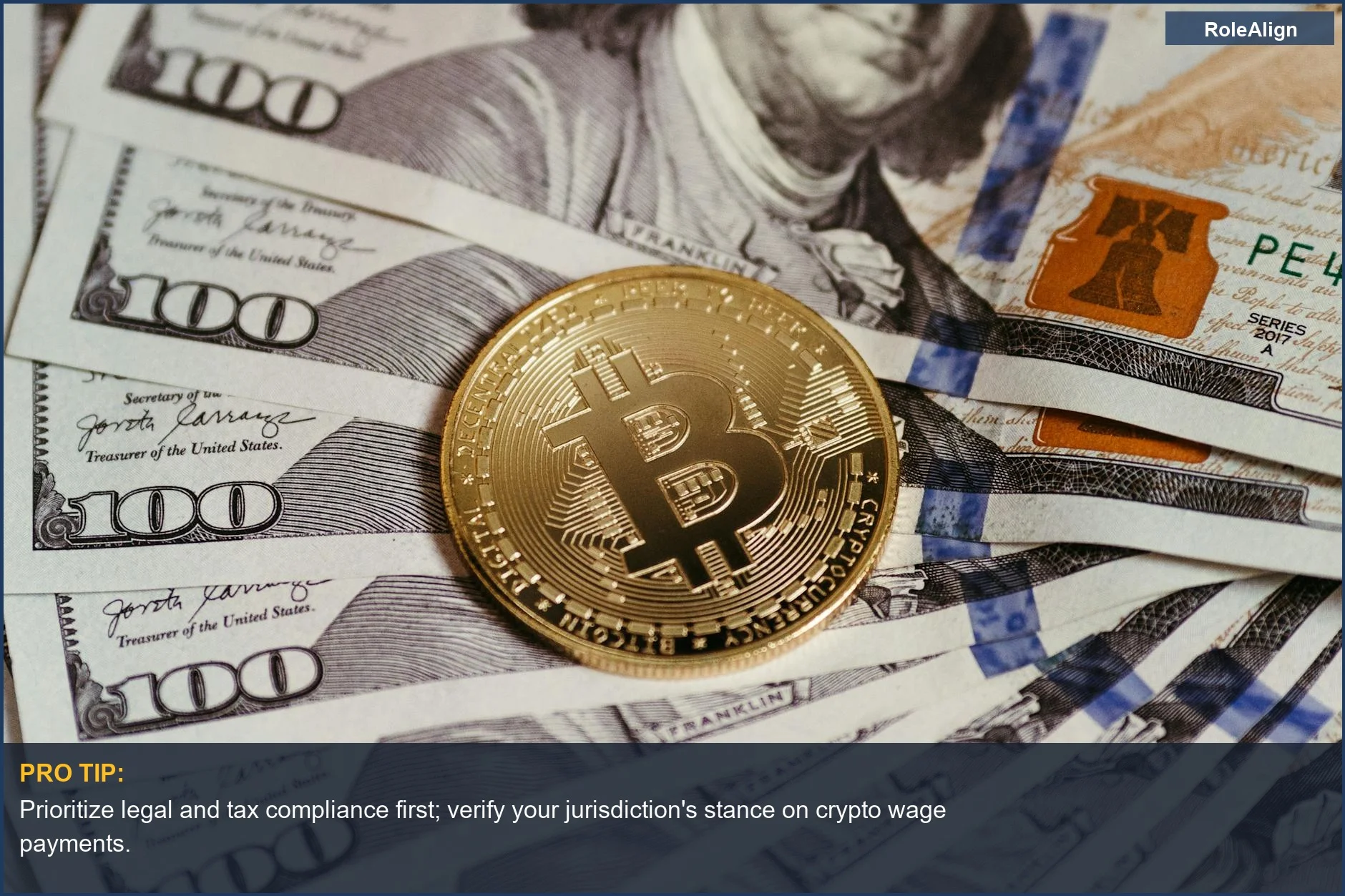 Gold Bitcoin coin rests on US dollar bills, representing the blend of digital and traditional currency in payroll.