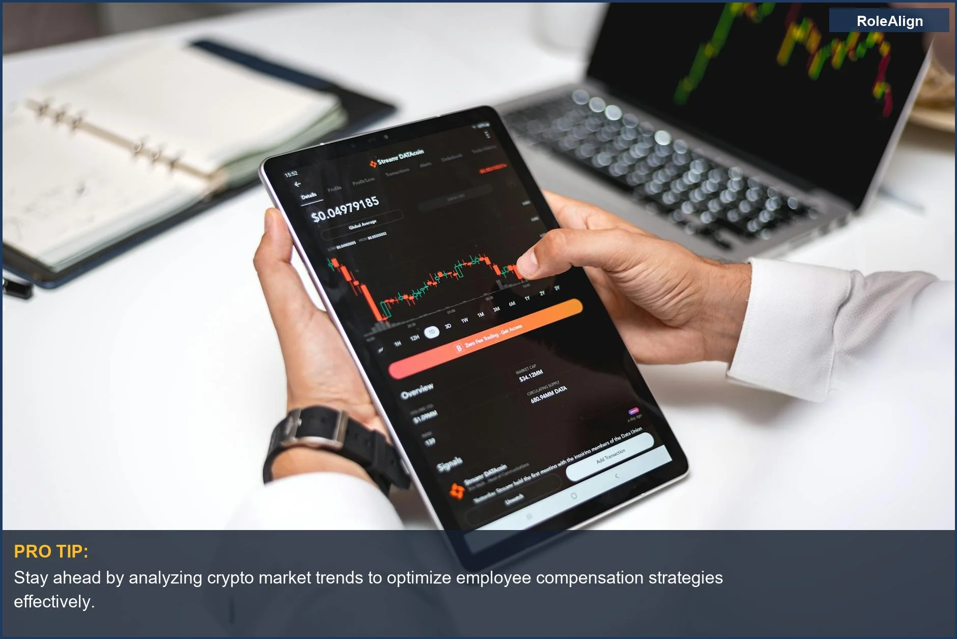 Professional analyzes cryptocurrency market data on a tablet, demonstrating informed financial decision-making for payroll.