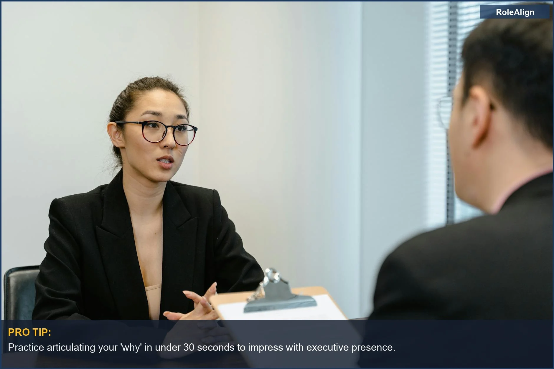 Professional interview with business attire and clipboard, focusing on cultural fit during panel discussions.