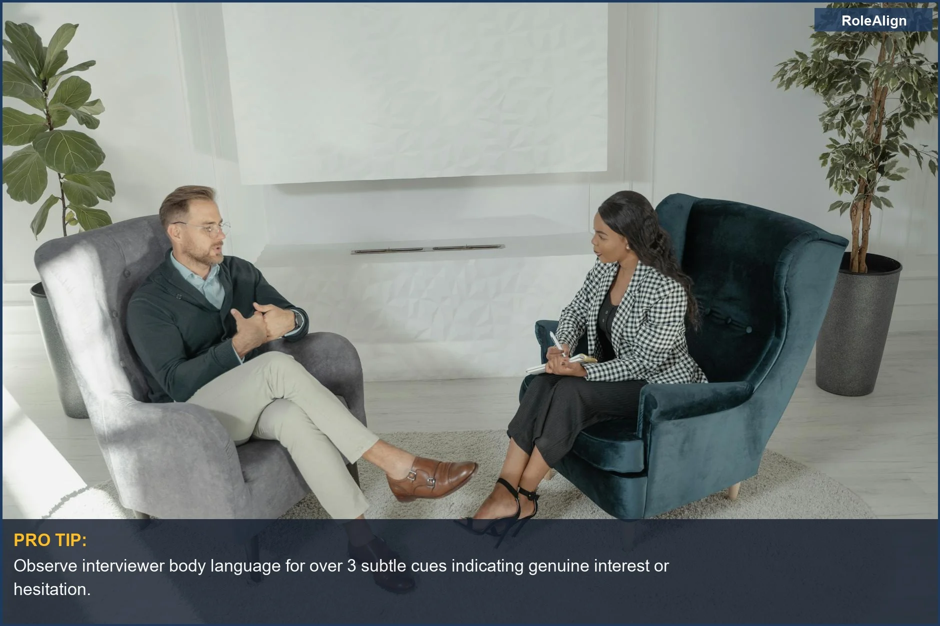 Panel interviewers assess candidates in a modern office, decoding unspoken signals for hiring success.