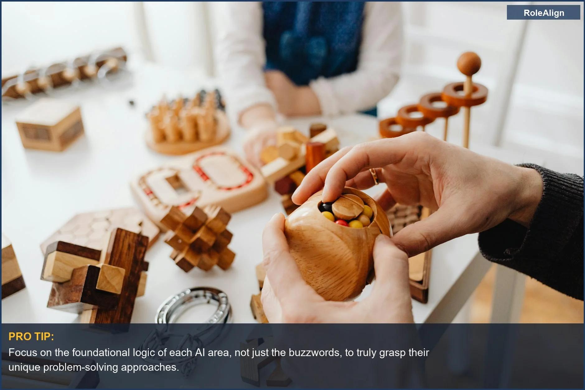 Hands solving intricate wooden brain teasers, symbolizing the complexity of understanding AI specializations and their core problems.