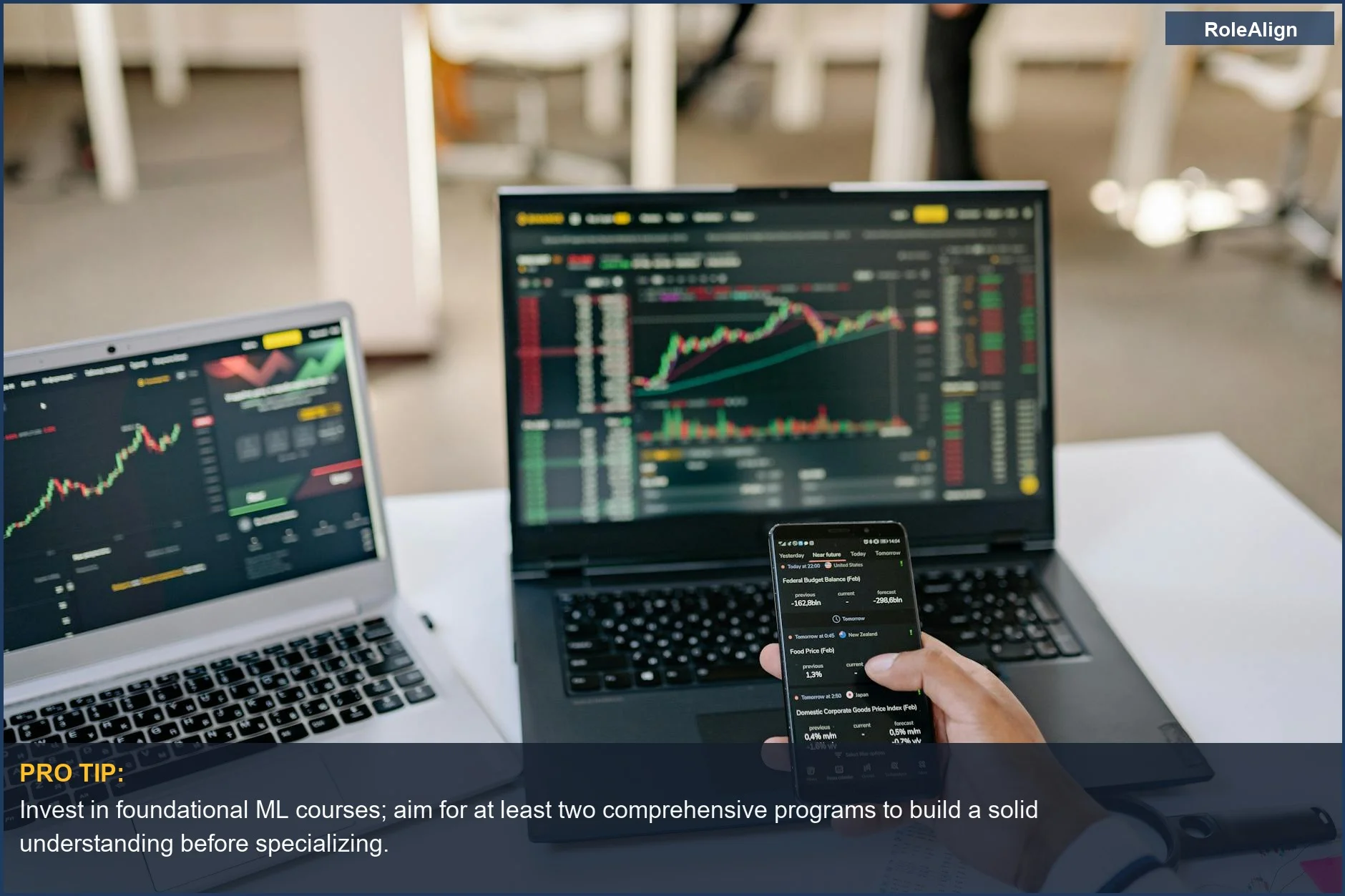 Professional tracking stock market trends across multiple digital devices, highlighting the analytical skills needed for AI career pivots.