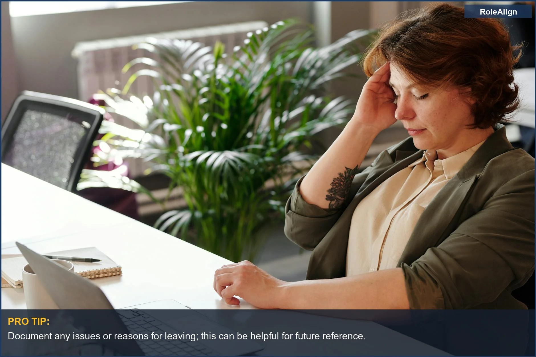 Businesswoman stressed at home office, understanding the two weeks notice law is often not mandatory.