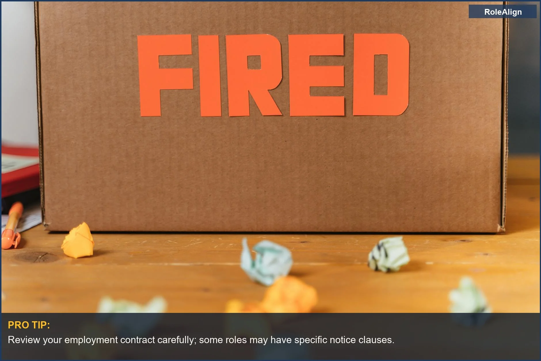 Cardboard box labeled 'FIRED' emphasizes quitting without notice implications.