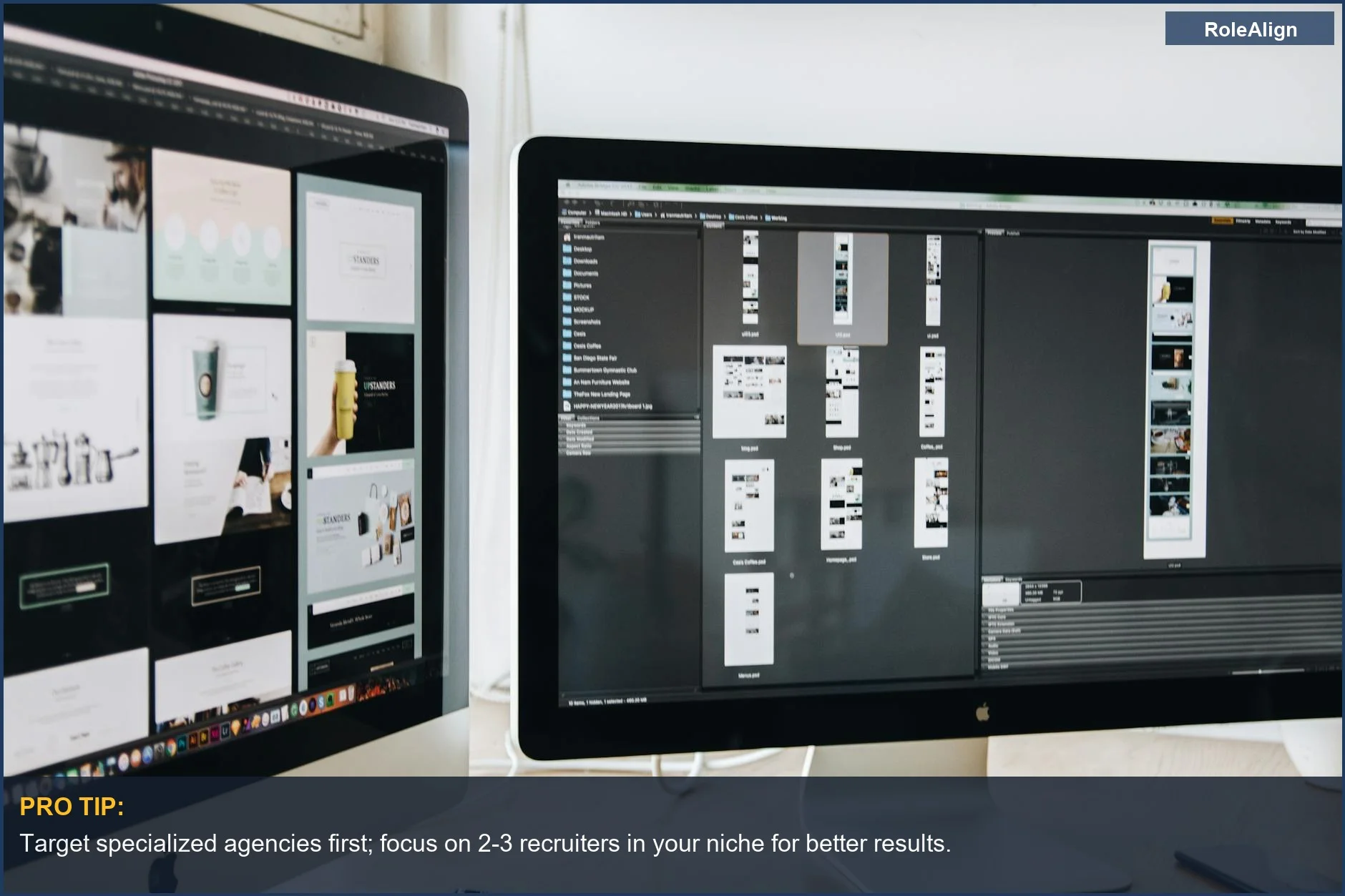 Employment agency candidate works on a dual-monitor setup showcasing web design projects.