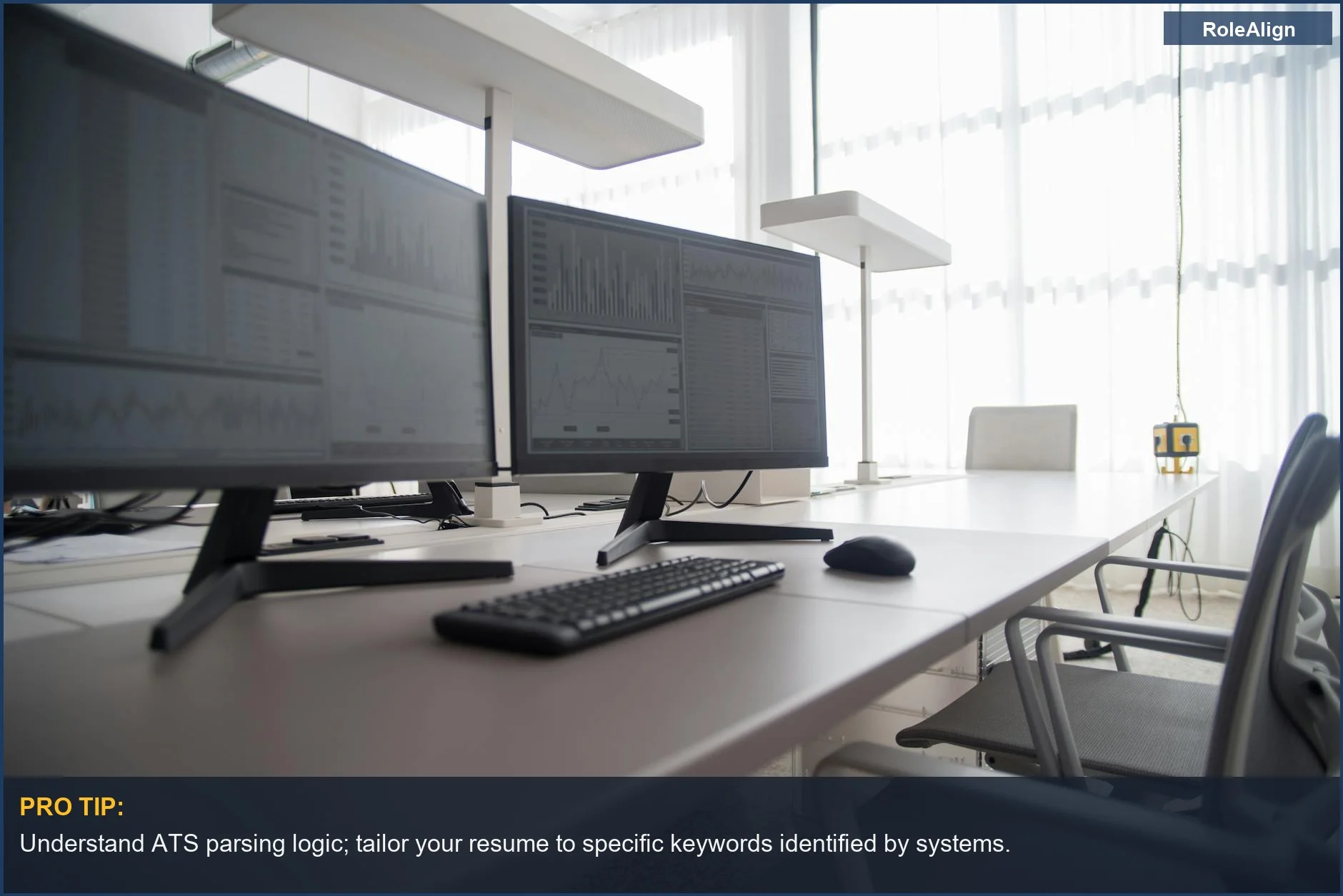 Job seeker utilizing advanced office technology with multiple computer monitors at an employment agency.