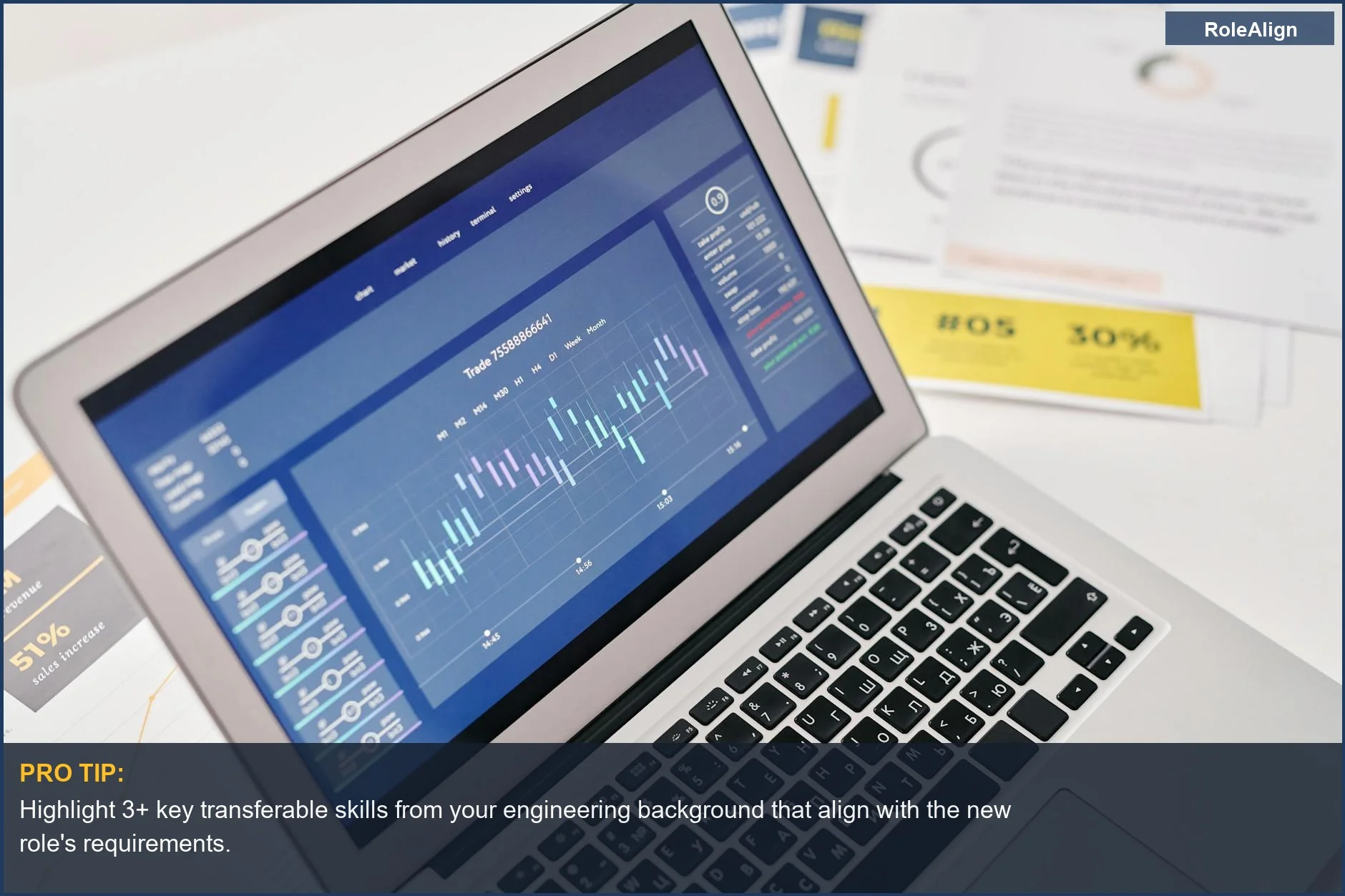 Engineer career pivot reddit—laptop with financial graphs, emphasizing transferable skills for job applications.