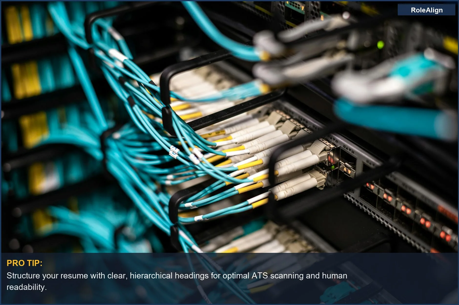 Organized server room with neat cable management, representing a clean resume structure for AI systems.