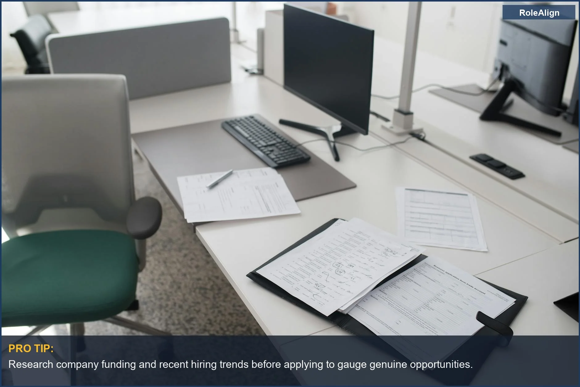Modern office desk with computer and documents, illustrating strategic ghost jobs.