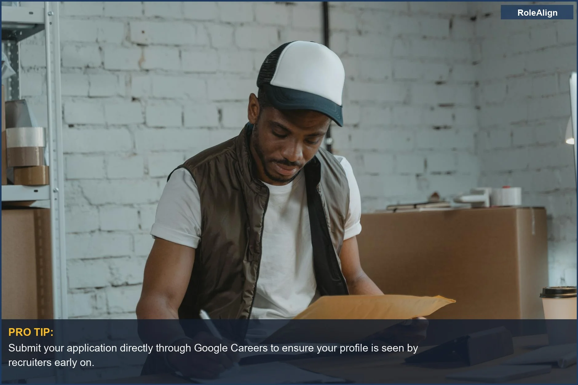 Man focused on organizing a package at his desk, symbolizing direct application submission in the Google recruiter hiring process.