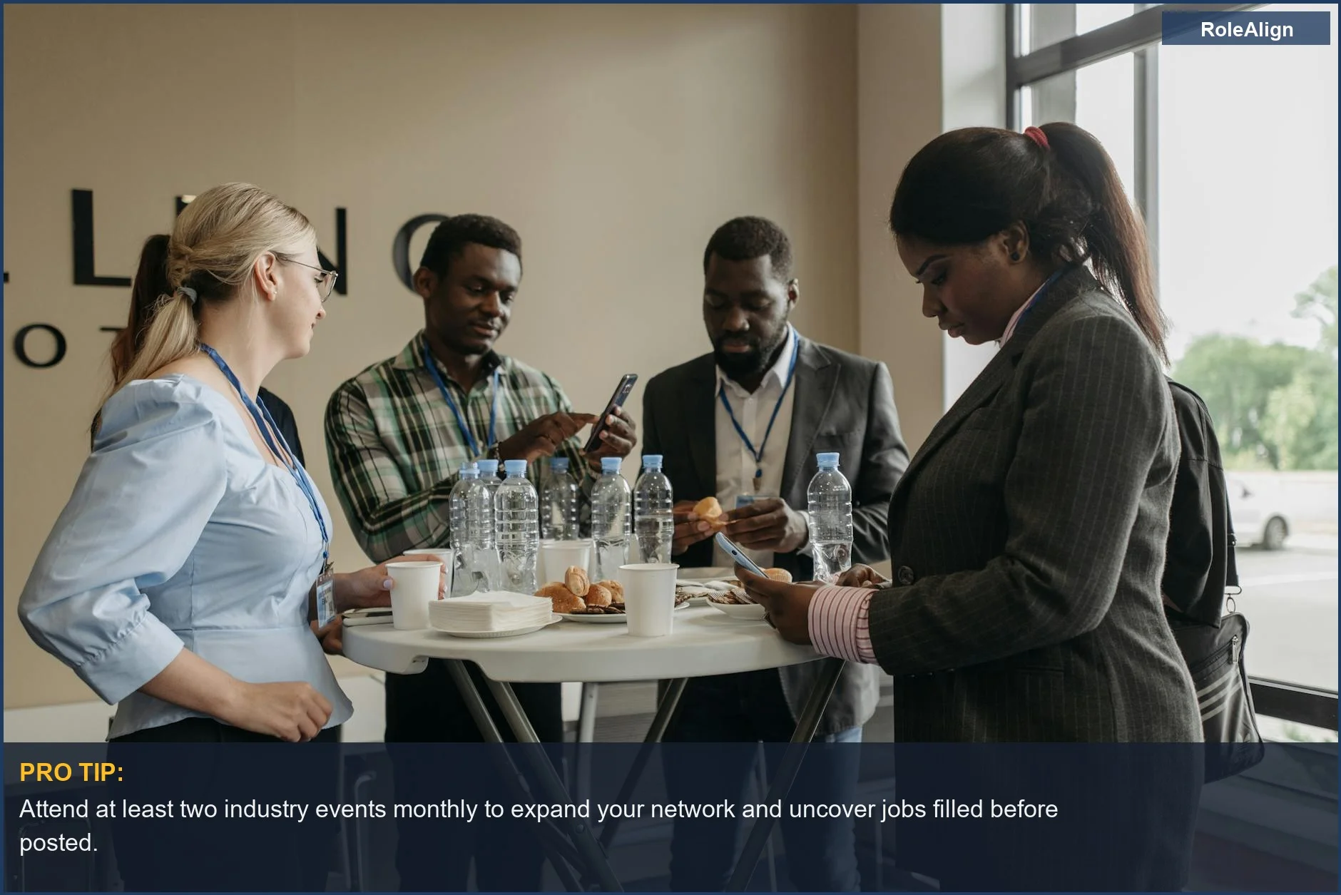 Diverse professionals networking at a conference, illustrating the power of connections in the job search.