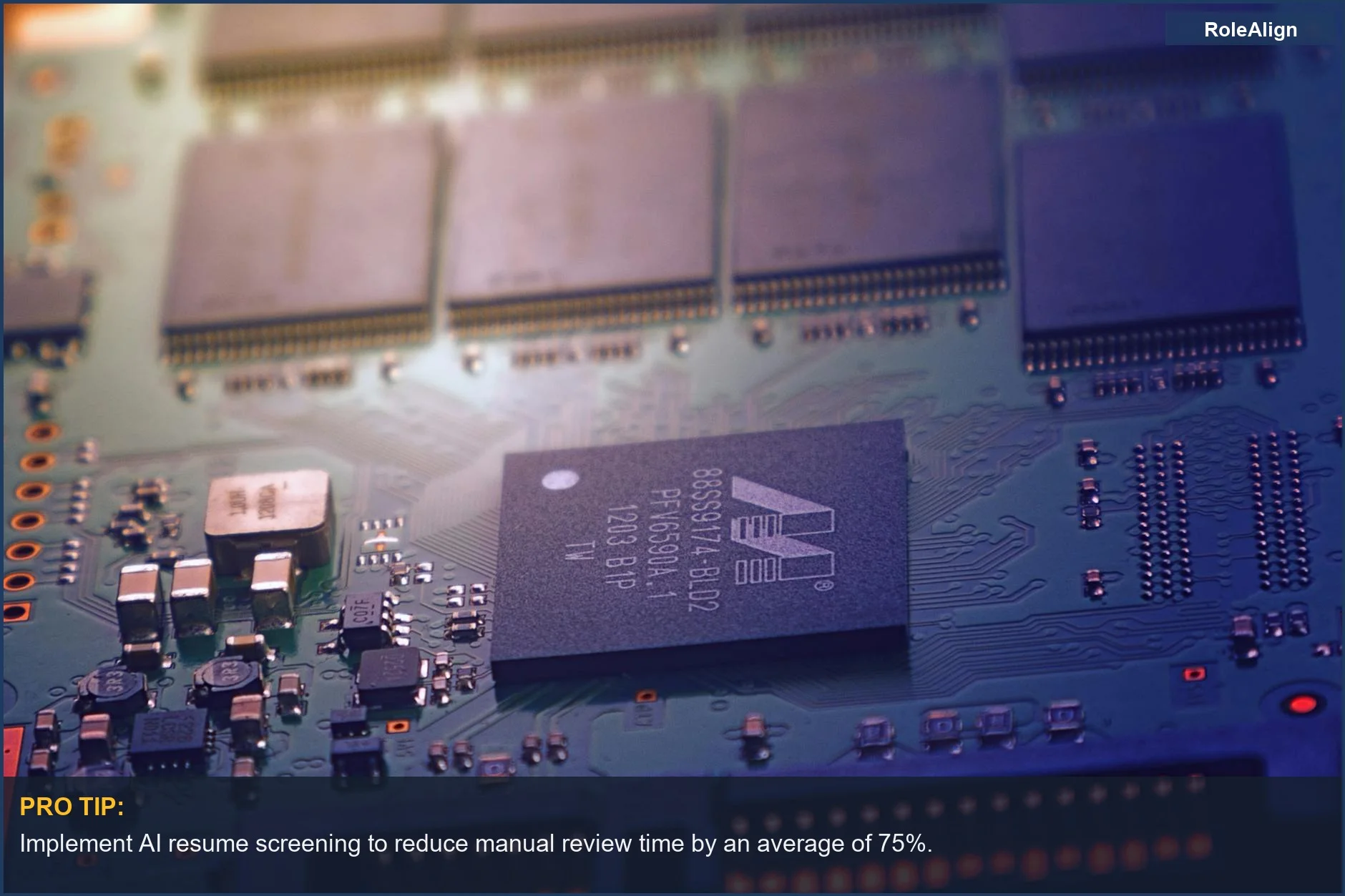 Close-up of an intricate electronic circuit board with microchips, representing the advanced technology behind AI resume screening.