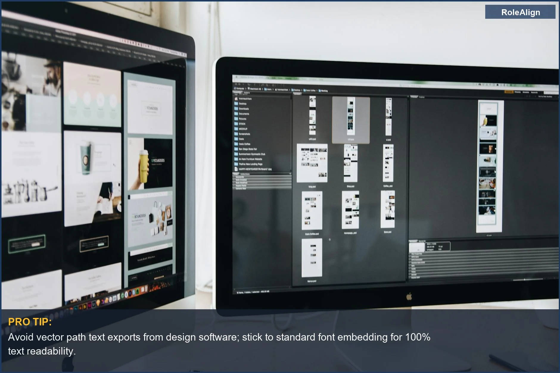 Espacio de trabajo moderno con doble monitor mostrando proyectos de diseño, demostrando cómo los escáneres de currículums con IA luchan con la representación compleja de texto.