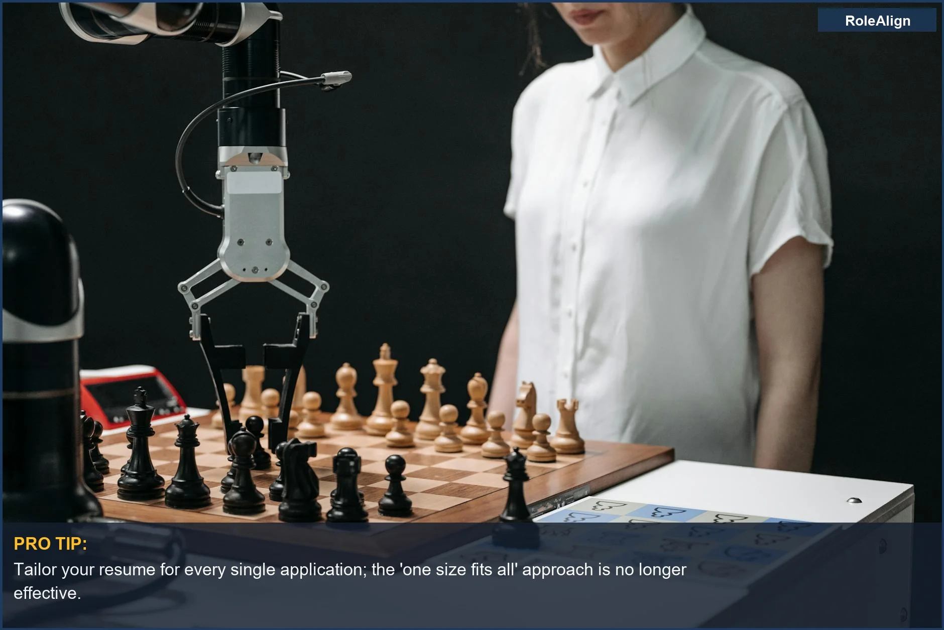 Robotic arm and person playing chess, representing AI's strategic impact on resume writing.