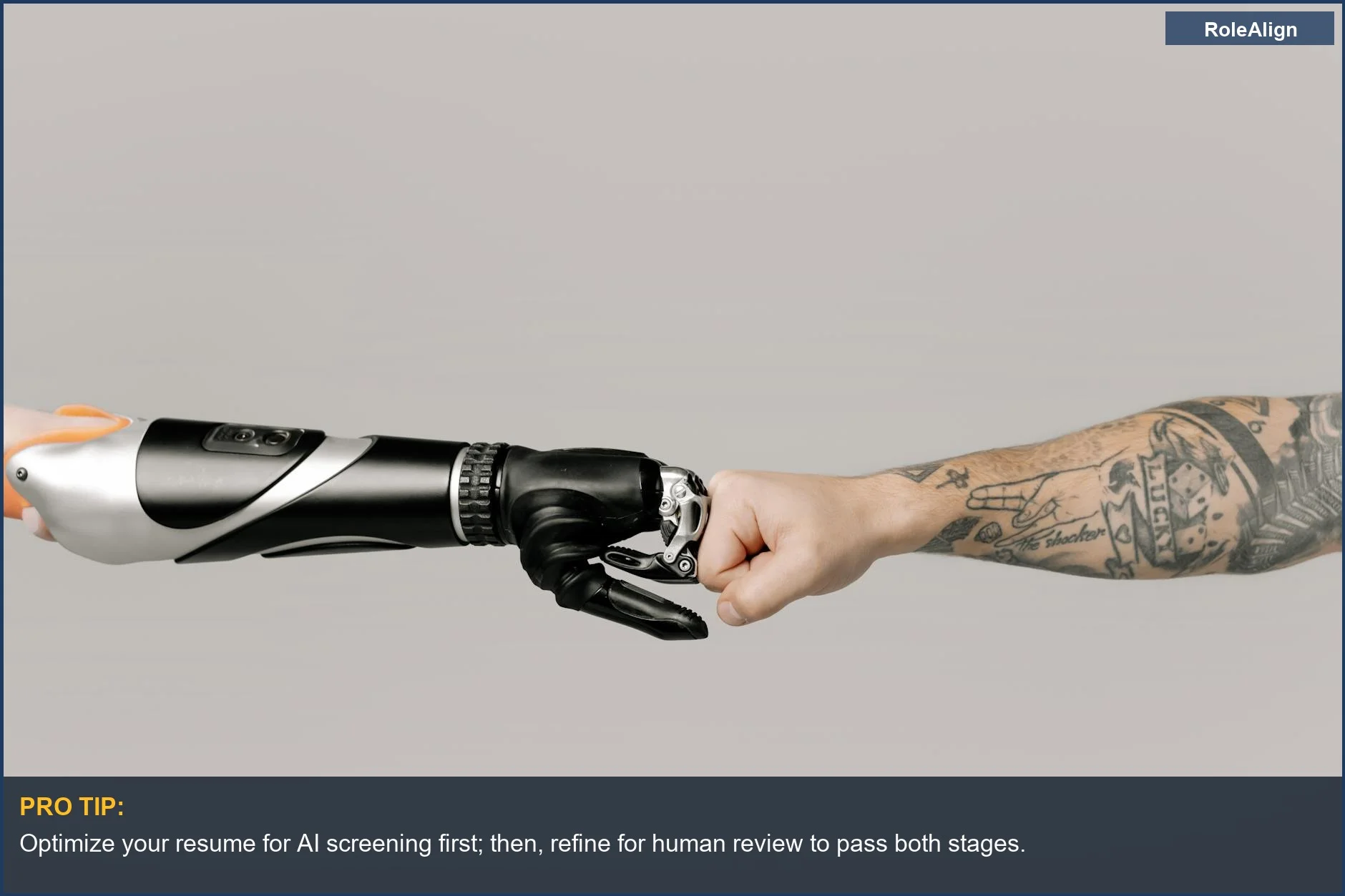Tattooed arm and robotic prosthetic arm fist bumping, symbolizing AI changing resume definitions.