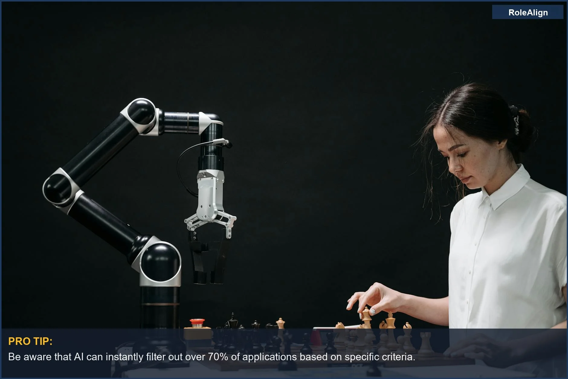 Woman playing chess against a robotic arm, showcasing AI's innovative influence on job screening.