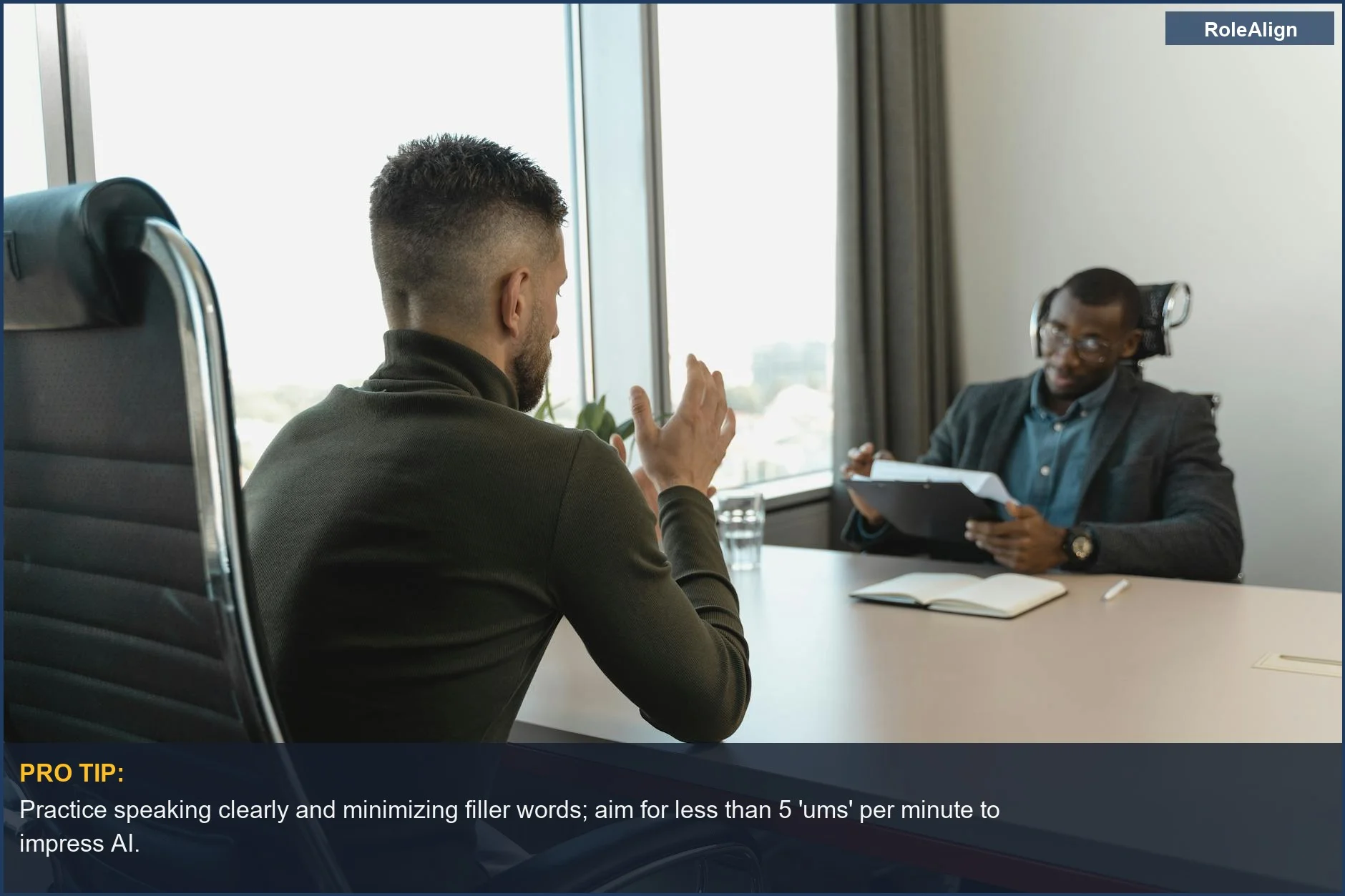 Two men in a modern office during a job interview, one appearing to be evaluated by an AI scoring system.
