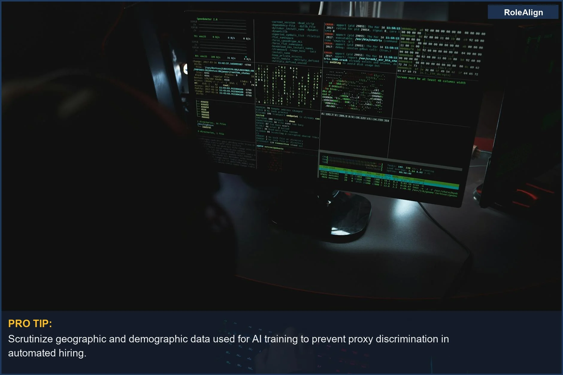 Coding on multiple monitors in a dark room, symbolizing the hidden nature of proxy discrimination in hiring algorithms.