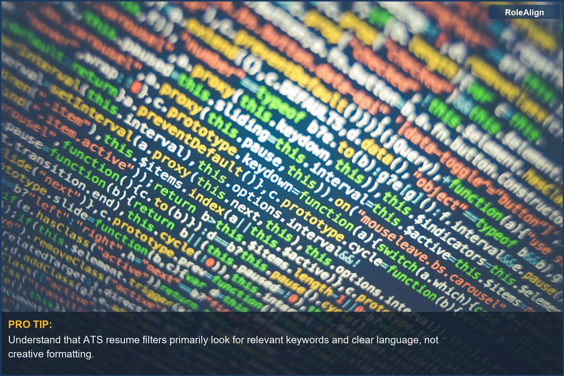 Colorful source code on a computer screen, illustrating how applicant tracking systems filter resumes by scanning text.