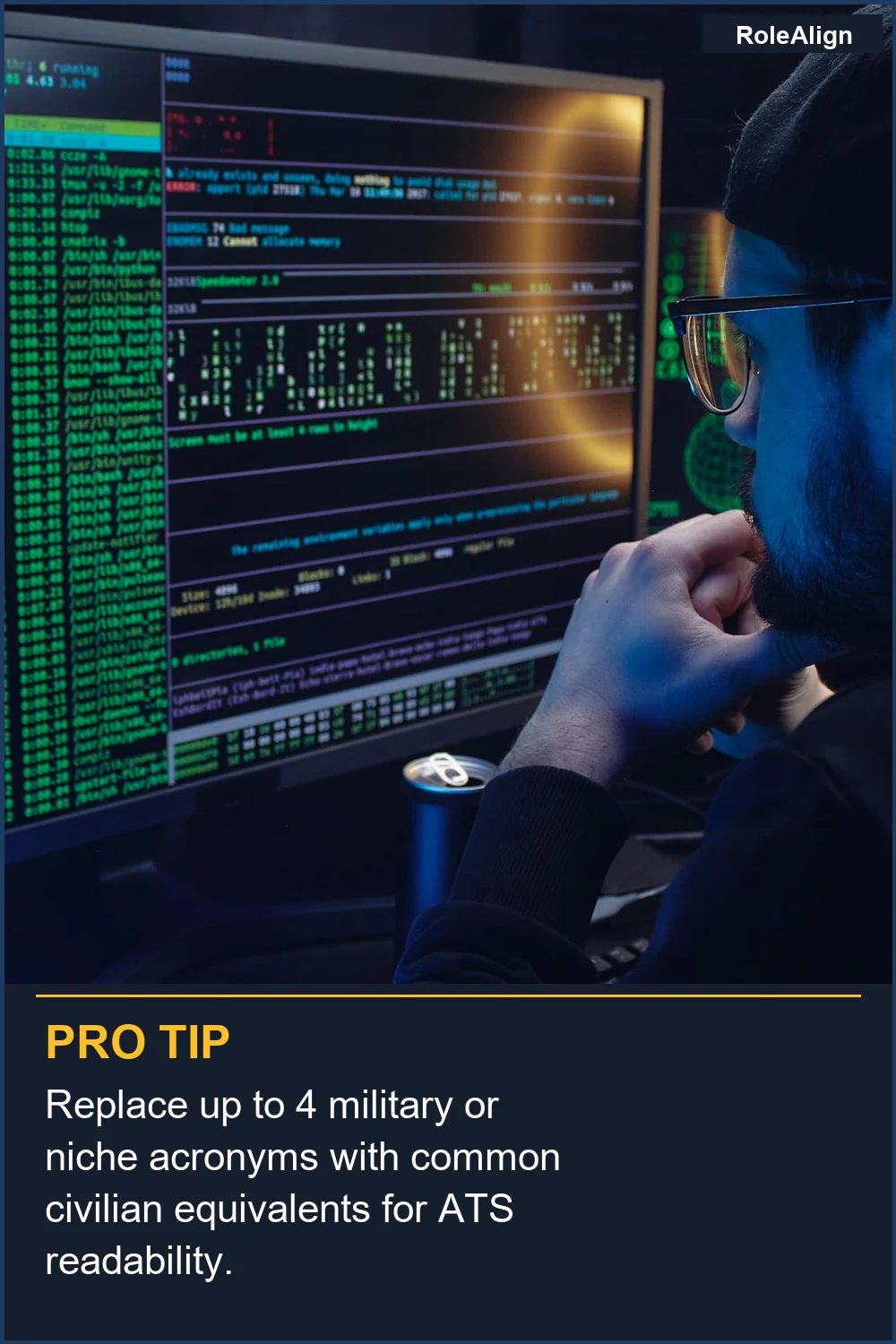 Replace up to 4 military or niche acronyms with common civilian equivalents for ATS readability.